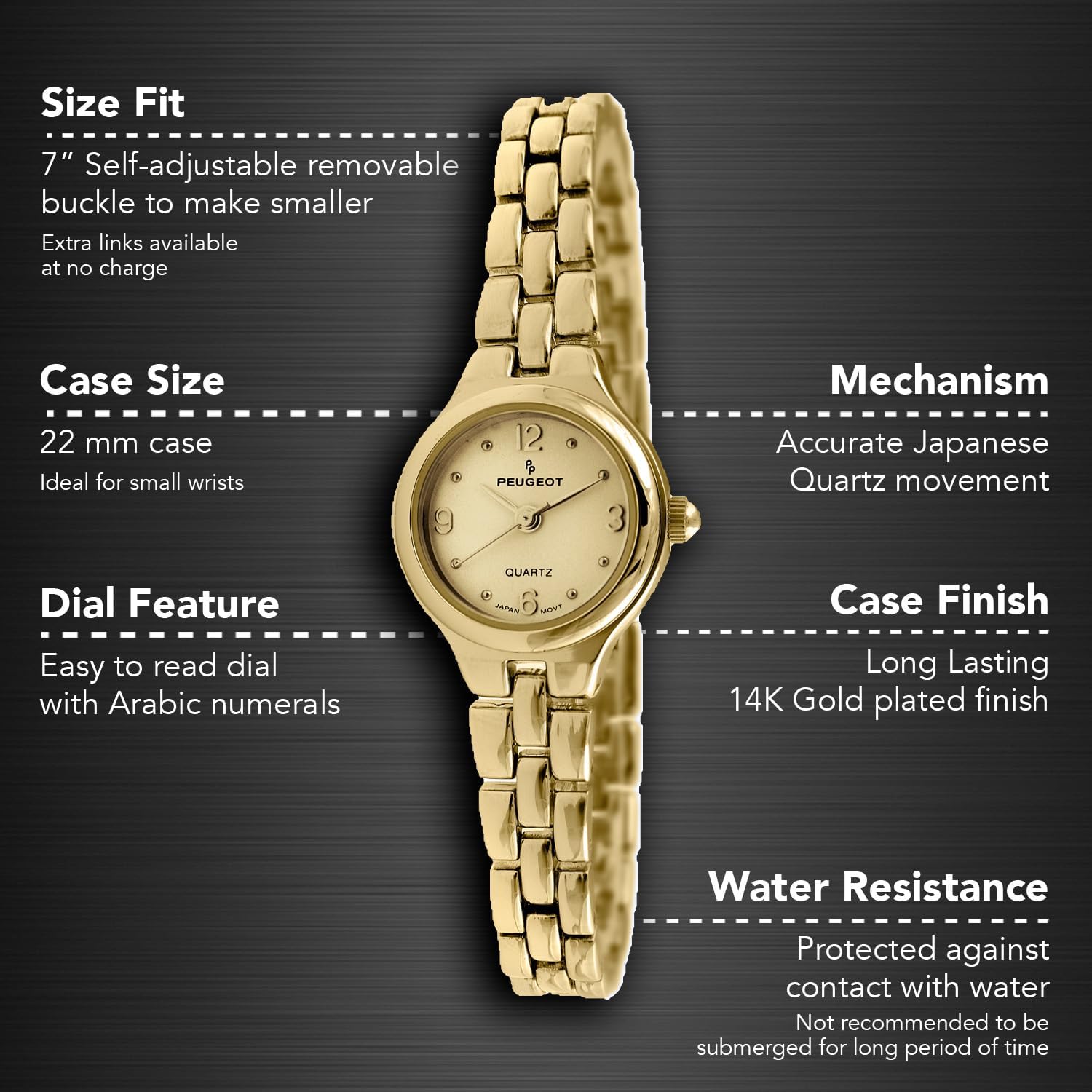 Peugeot Women's 14K Gold Plated Petite Wrist Watch with Link Bracelet - Image 3