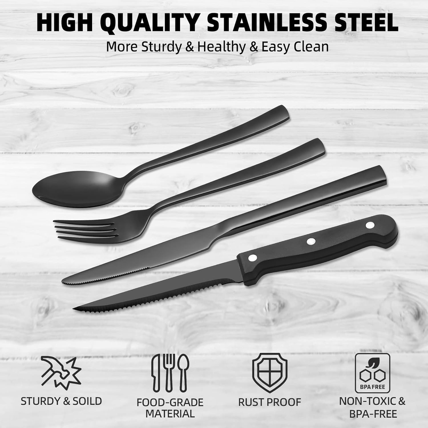 CEKEE 24 Piece Black Silverware Set for 4 with Steak Knives, Stainless Steel Black Flatware Set for 4, Black Utensils Set for 4, Black Tableware Cutlery Set for Home & Kitchen, Hand Wash Recommended - Image 5