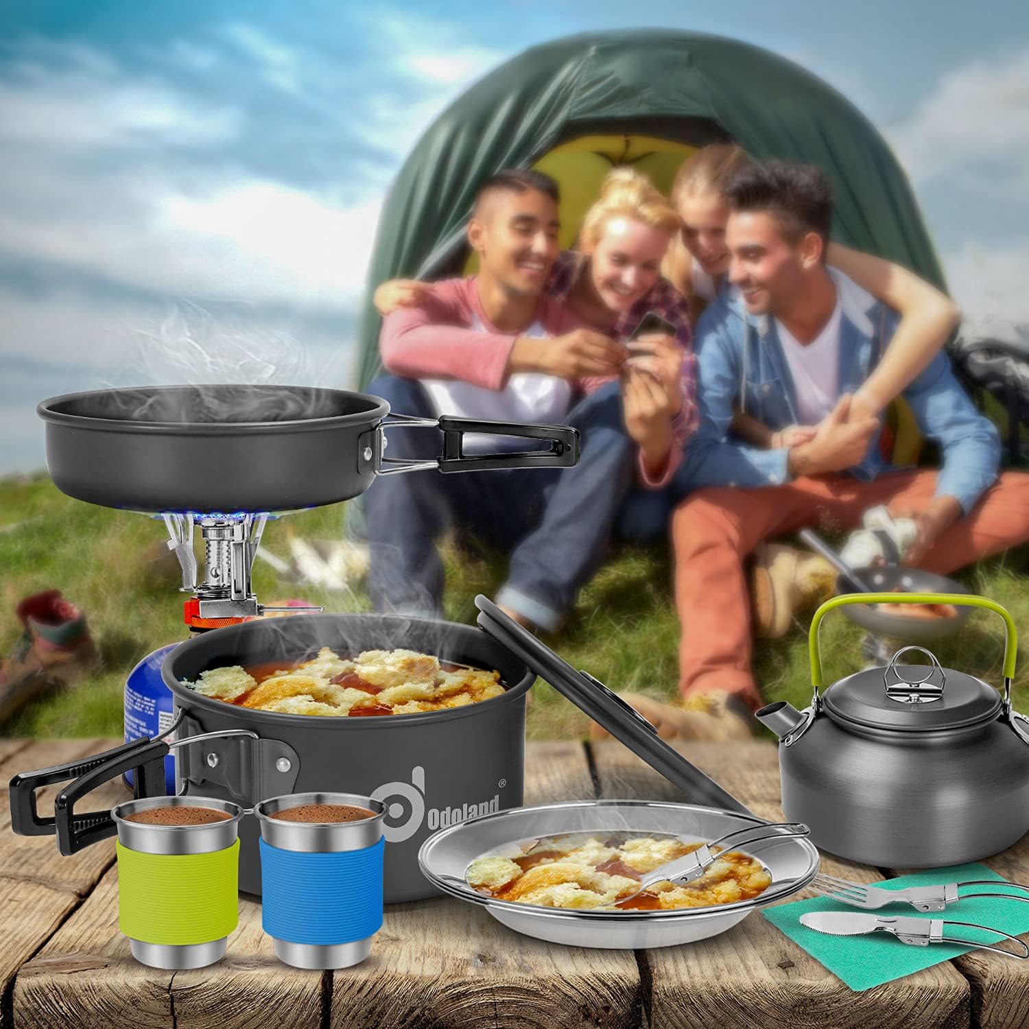 Odoland 15pcs Camping Cookware Mess Kit, Non-Stick Lightweight Pot Pan Kettle Set with Stainless Steel Cups Plates Forks Knives Spoons for Camping, Backpacking, Outdoor Cooking and Picnic - Image 10