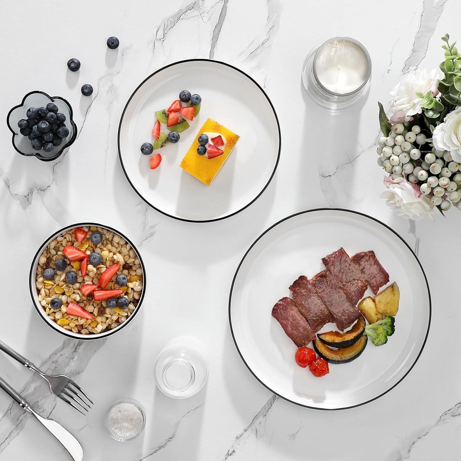 MALACASA Plates and Bowls Sets, 12 Pieces Modern Porcelain Dinnerware Set for 4 White Kitchen Dinner Dining Ware Set wtih Black Rim Ceramic Dishware Dishes Microwave and Dishwasher Safe, Series LUNA - Image 9
