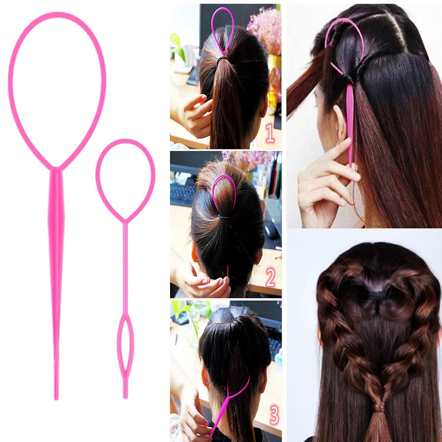 8Pcs Hair Brushes Set with 4Pcs Topsy Hair Tail Tools 1Pcs Bristle Teasing Hair Brush 1Pcs Edge Control Brush 2Pcs Metal Pin Rat Tail Combs for Woman Girl Styling,Edge&Back Brushing Pink - Image 3