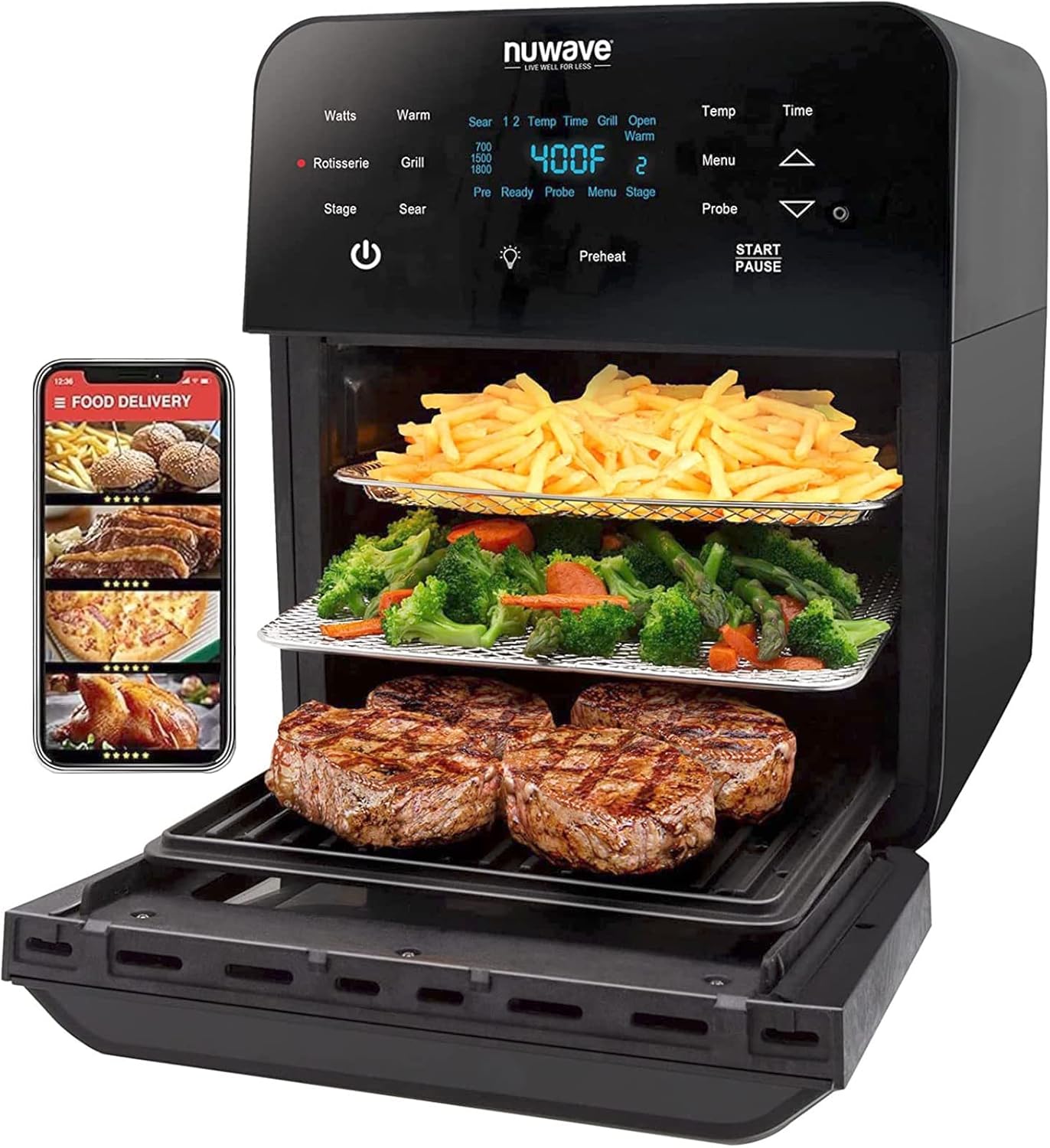 Nuwave Brio Air Fryer Oven, 15.5Qt X-Large Family Size, SS Rotisserie Basket &Skewer-Kit, Reversible Ultra Non-Stick Grill/Griddle Plate, Powerful 1800W, Integrated Smart Thermometer,Black - Image 2