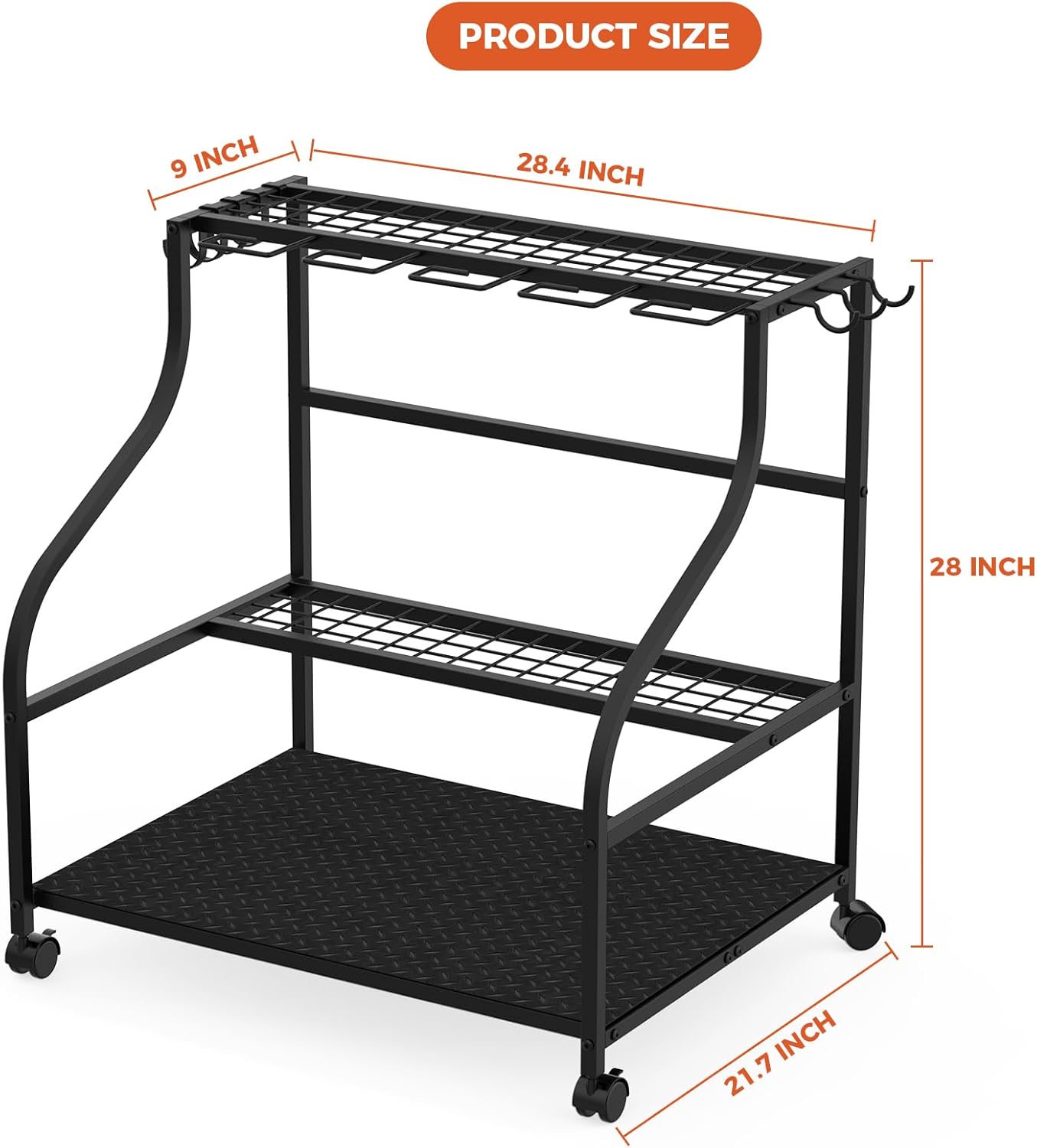 Garden Tool Organizer with Wheels, 3-Tier Yard Tool Storage with Hooks, Heavy Duty Steel Tool Rack Stand for Broom Shovel Long Handled Tools, Garden Tool Holder for Garage Shed Outdoor, Black - Image 8