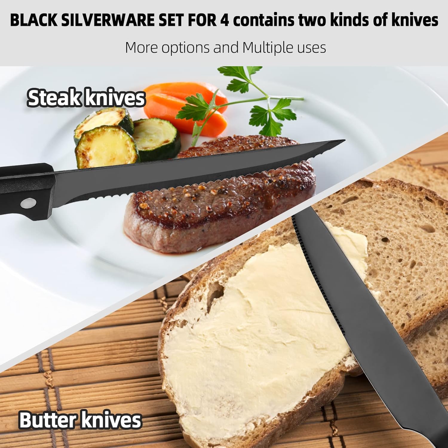 CEKEE 24 Piece Black Silverware Set for 4 with Steak Knives, Stainless Steel Black Flatware Set for 4, Black Utensils Set for 4, Black Tableware Cutlery Set for Home & Kitchen, Hand Wash Recommended - Image 4