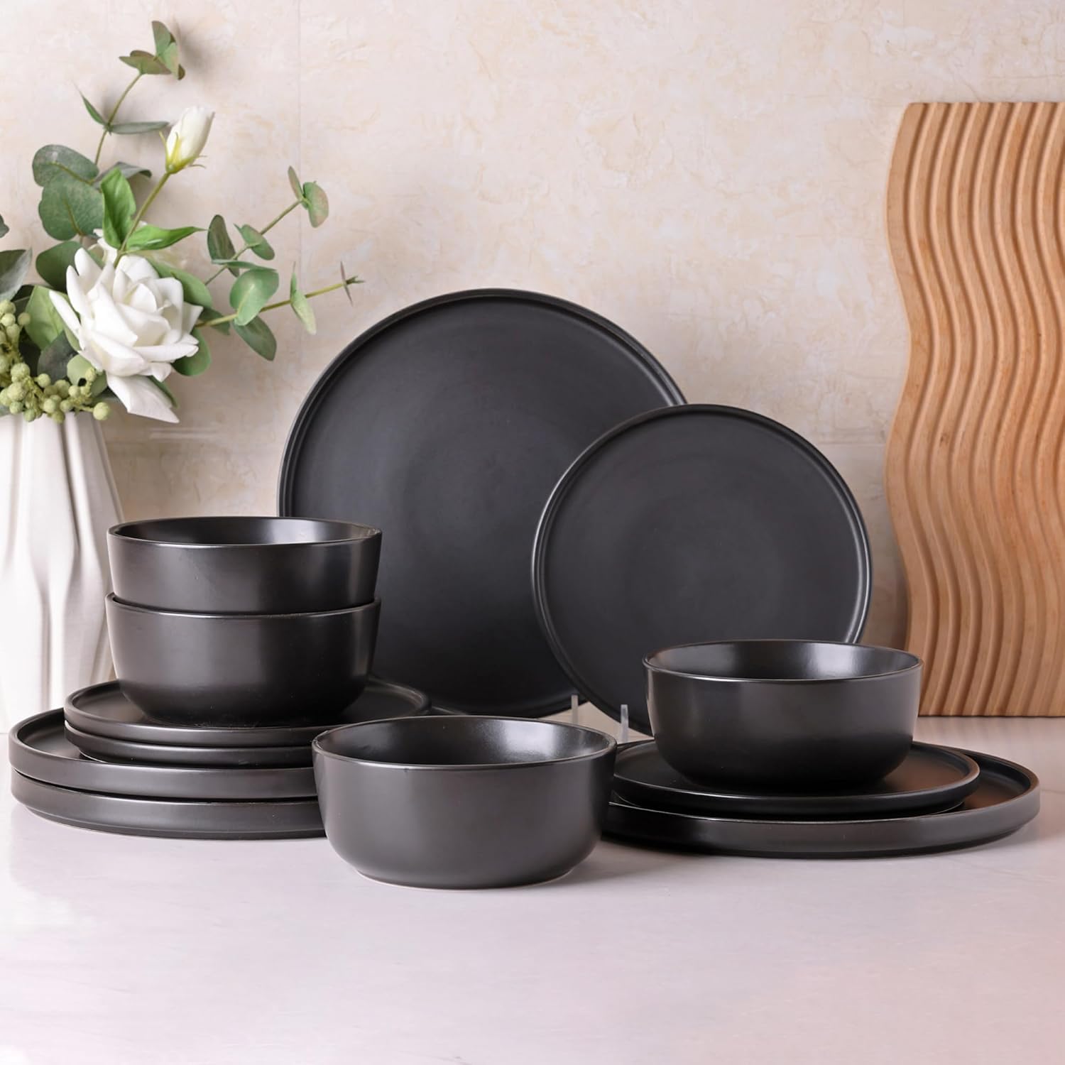 AmorArc Stoneware Dinnerware Sets for 4,Reactive Ceramic Plates and Bowls Set,Highly Chip and Crack Resistant | Dishwasher & Microwave Safe | Round Dishes Set Service for 4 (12pc) - Image 2