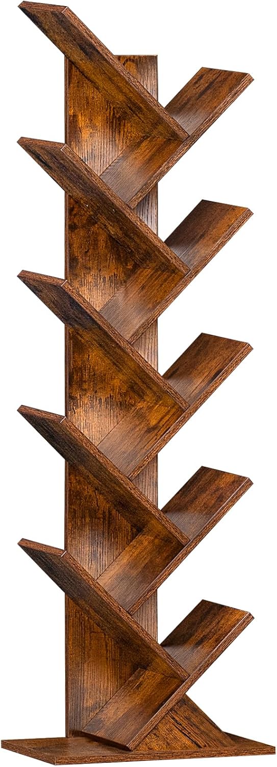 10 Tier Tree Book Shelf, Floor Standing Wood Bookshelf for Narrow Space, Storage Organizer Bookshelves for Books/CDs/Magazine, Bookcase with Shelves for Home Office, Living Room - Brown - Image 2