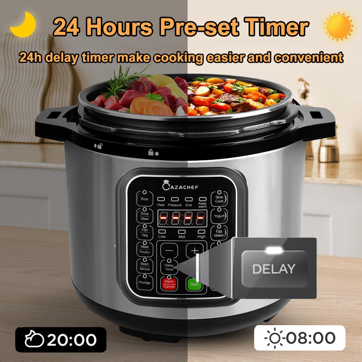 8qt stainless steel Pressure Cooker | 24-hour Presetting electric rice cooker, 14 in 1 slow cooker with temperature control | LED Multifunction Steamer, Food Warmer with nonstick pot - Image 4