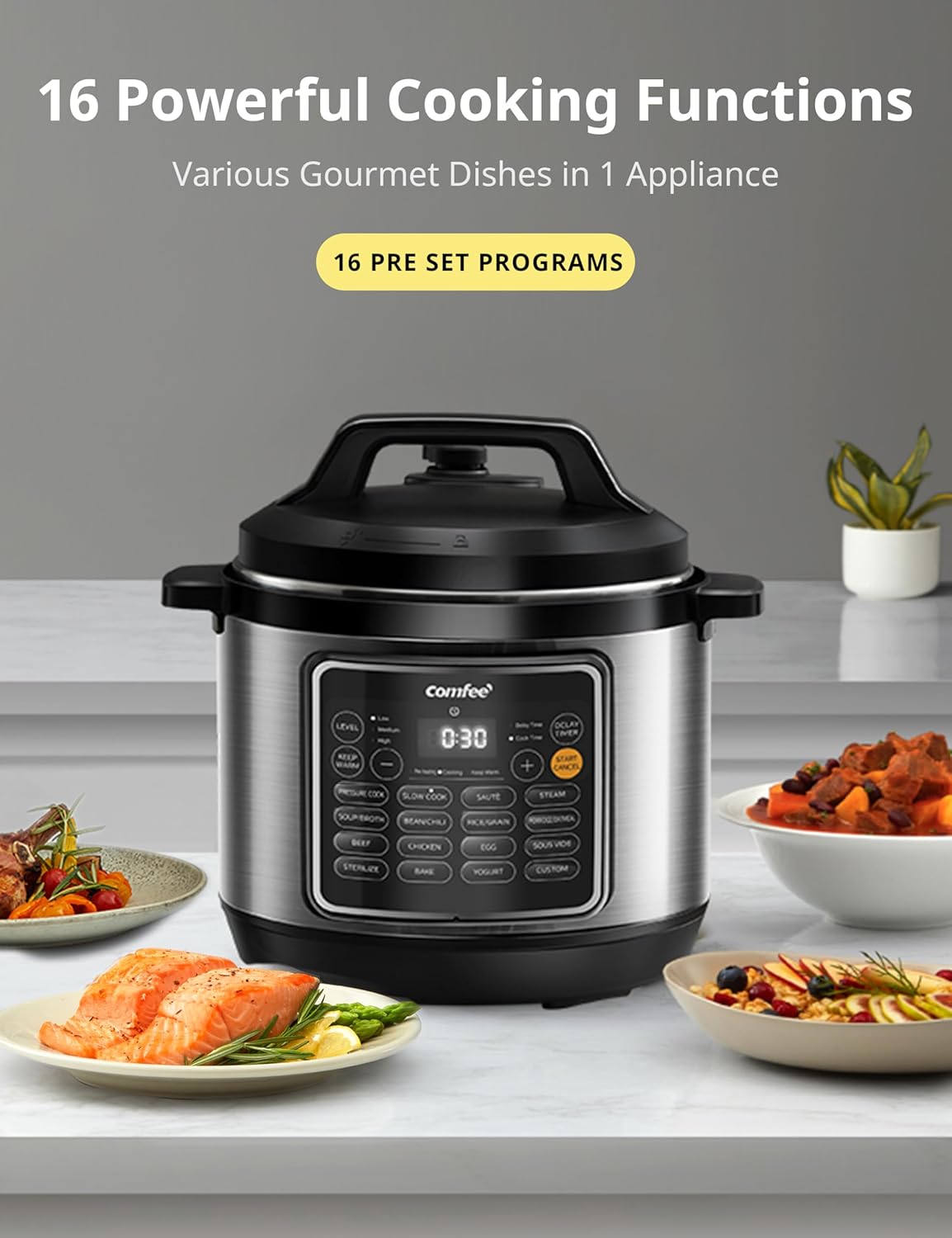 COMFEE’ Pressure Cooker 8 Quart with 16 Cooking Functions, Olla de Presion Non-Stick Pot Yogurt Maker Rice Cooker Slow Cooker Sauté Steamer, Healthy Ceramic Inner Pot - Image 3