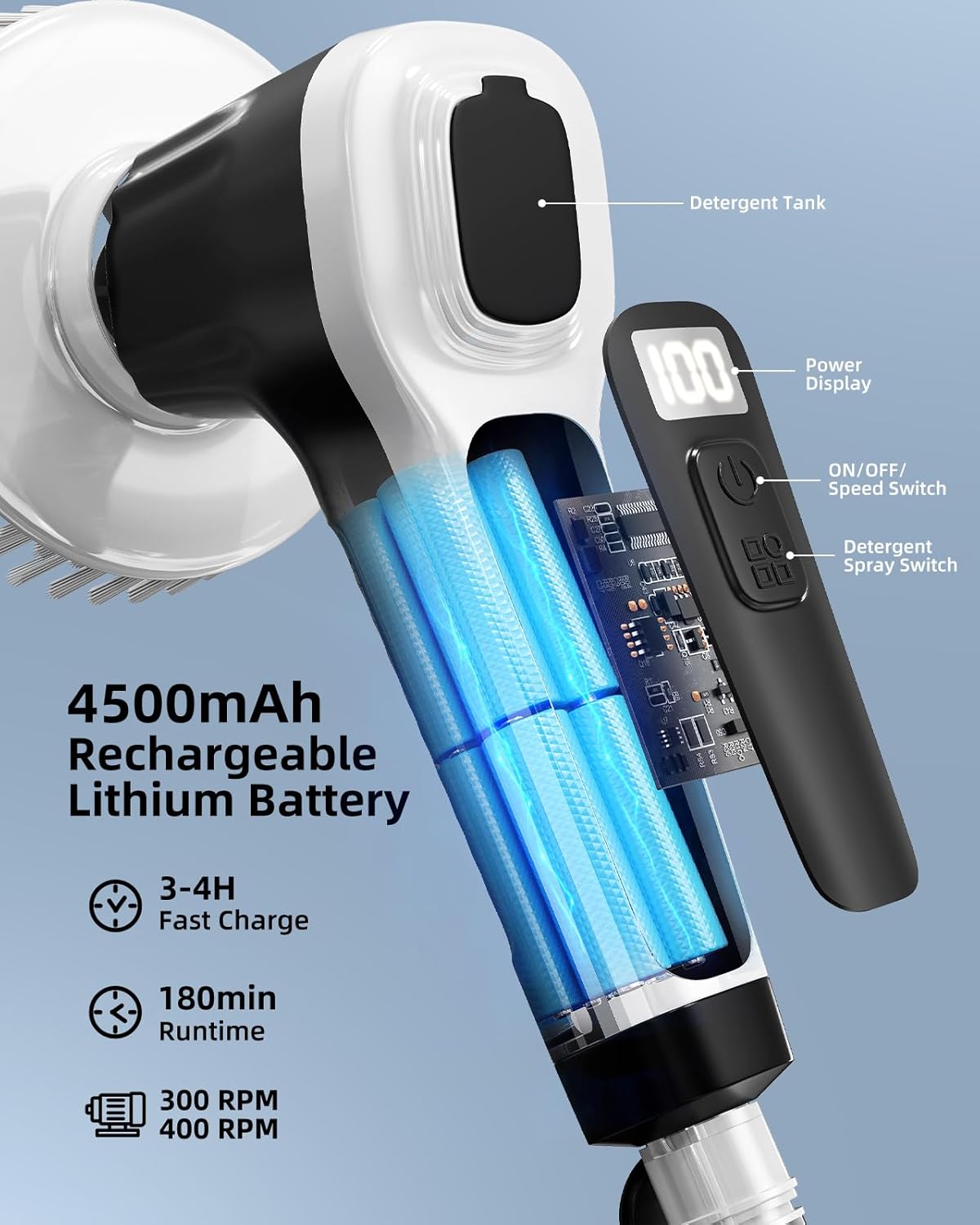 Electric Spin Scrubber, IP68 Professional Waterproof Spin Scrubber, 5400mAh Battery Power Spin Scrubber, 51 inch Cordless Household Cleaning Brush (Black) - Image 5