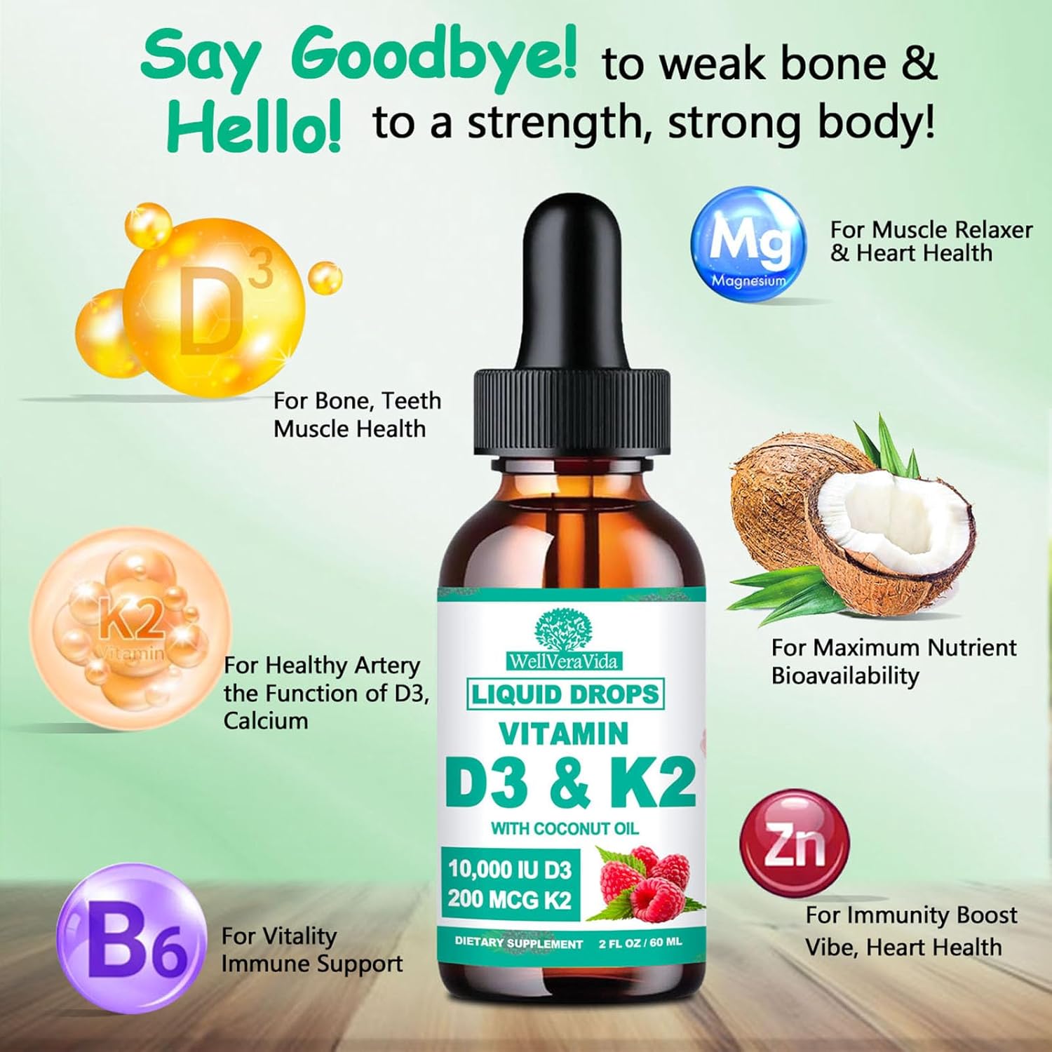 D3 K2 Vitamin 10000iu, Liquid Drop Vitamin D3 With K2 (MK-7)200mcg Coconut Oil, 6X Stronger Than D3 K2 Sofegels, Magnesium Zinc for Absorption -K2 D3 Vitamin Supplement for Joint Teeth & Bone Health - Image 3