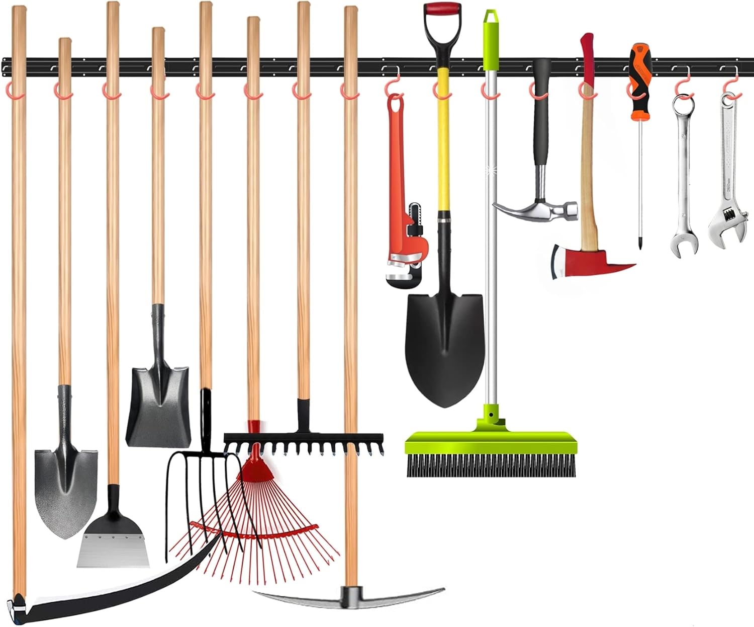 All Metal 64 Inch Wall Mount Garden Tool Organizer for Garage, Mop and Broom Holder, Yard Tool Storage Rack for Rake, Shovel, Spade, Mop, Broom(4 Rails, 16 Hooks) - Image 2