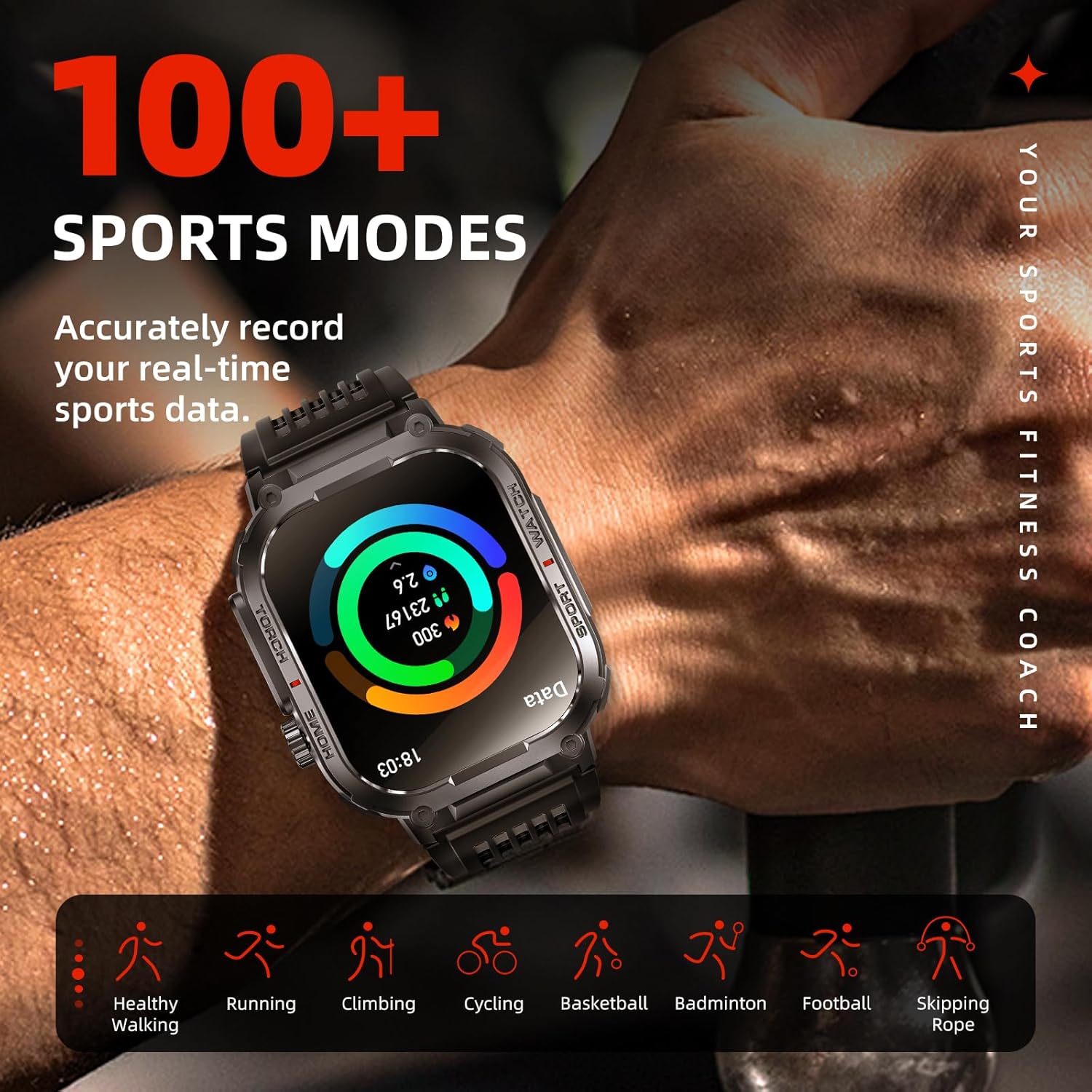Military Smart Watch Sport Fitness Tracker, with LED Flashlight, 3ATM Waterproof, Answer/Make Calls Message Notification,Heart Rate Blood Oxygen Sleep Monitor, 2.02“ Big Screen, for iPhone/Android - Image 4
