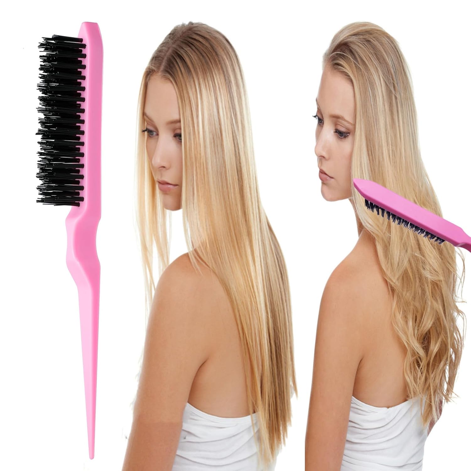 8Pcs Hair Brushes Set with 4Pcs Topsy Hair Tail Tools 1Pcs Bristle Teasing Hair Brush 1Pcs Edge Control Brush 2Pcs Metal Pin Rat Tail Combs for Woman Girl Styling,Edge&Back Brushing Pink - Image 4
