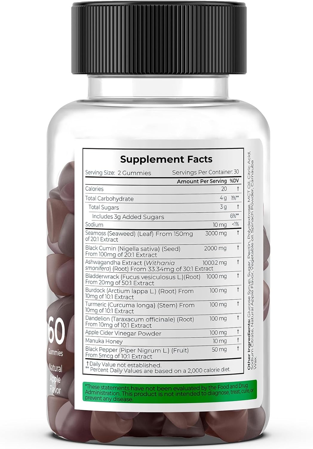 Sea Moss Gummies, Black Seed Oil Gummies, Ashwagandha Bladderwrack, Burdock Turmeric Apple Cider Vinegar Manuka Honey Dandelion - for Immune and Digestive Support 60 Count - Image 9