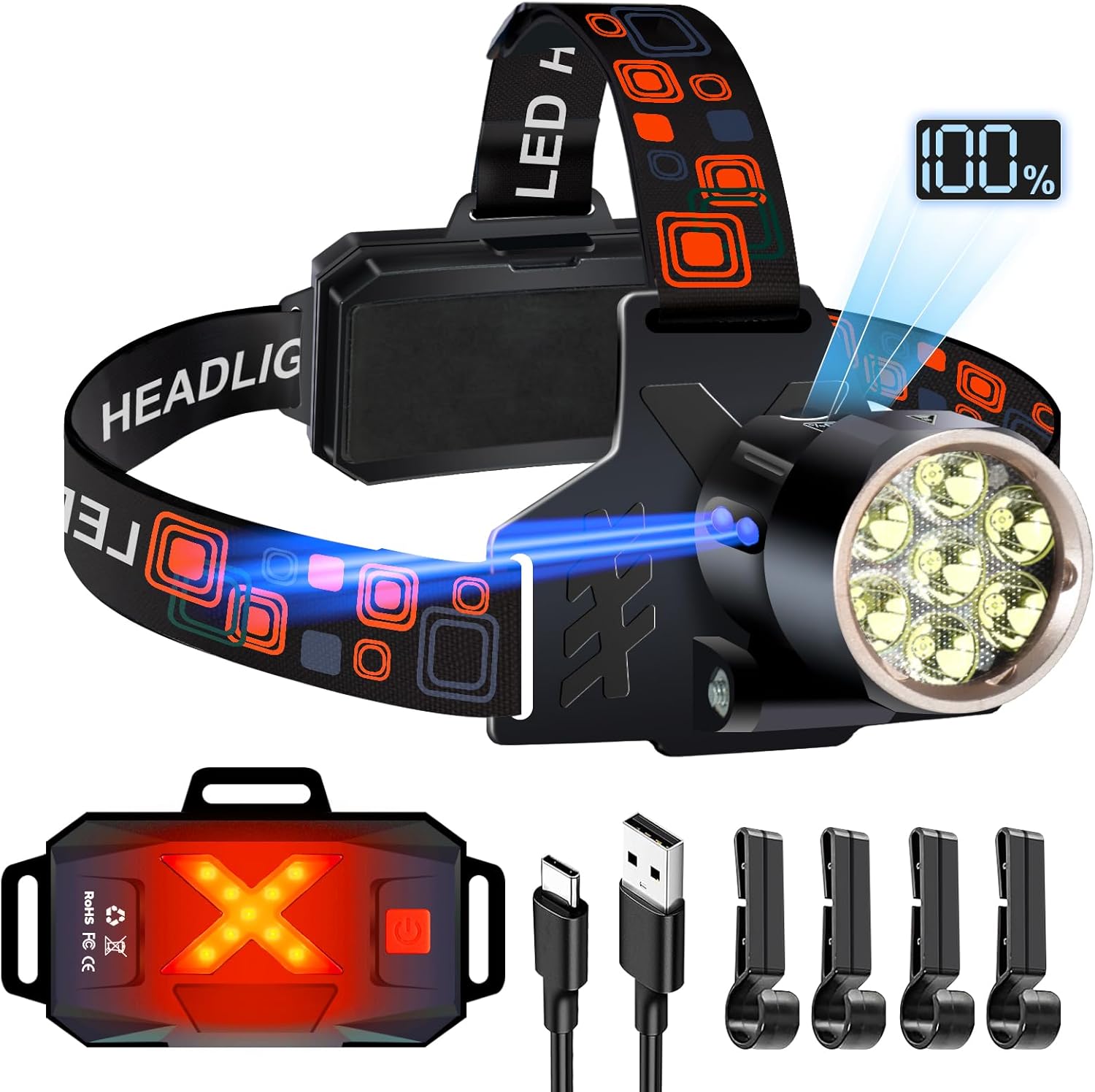 Led Headlamp Rechargeable, Super Bright Headlights for Head, Motion Sensor Head lamp, 3 Modes USB-C IPX7 Waterproof Head Flashlight for Adults, Rechargeable Headlamps for Camping Hiking Hard Hat - Image 9