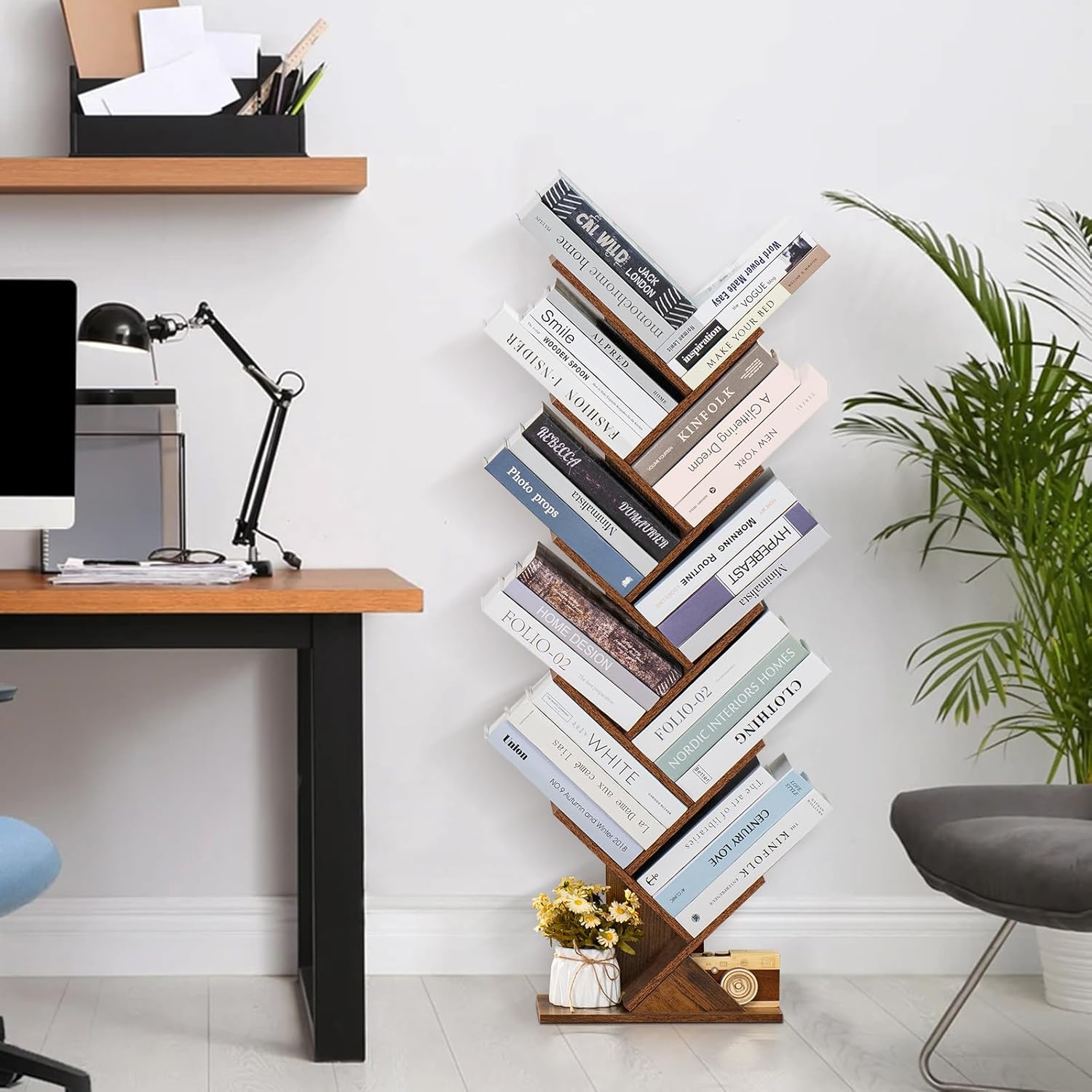 10 Tier Tree Book Shelf, Floor Standing Wood Bookshelf for Narrow Space, Storage Organizer Bookshelves for Books/CDs/Magazine, Bookcase with Shelves for Home Office, Living Room - Brown - Image 7