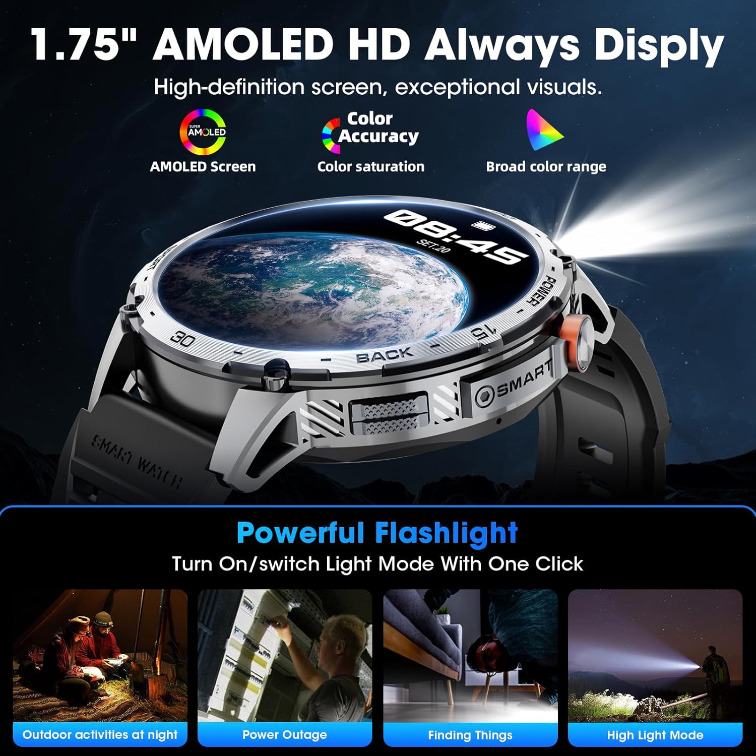 Military Smart Watch for Men 1.75" HD AMOLED Display 730mAh Battery Smart Watches with LED Flashlight for Android iOS(Bluetooth Call Answer/Dial Calls) Fitness Tracker with Heart Rate - Image 3