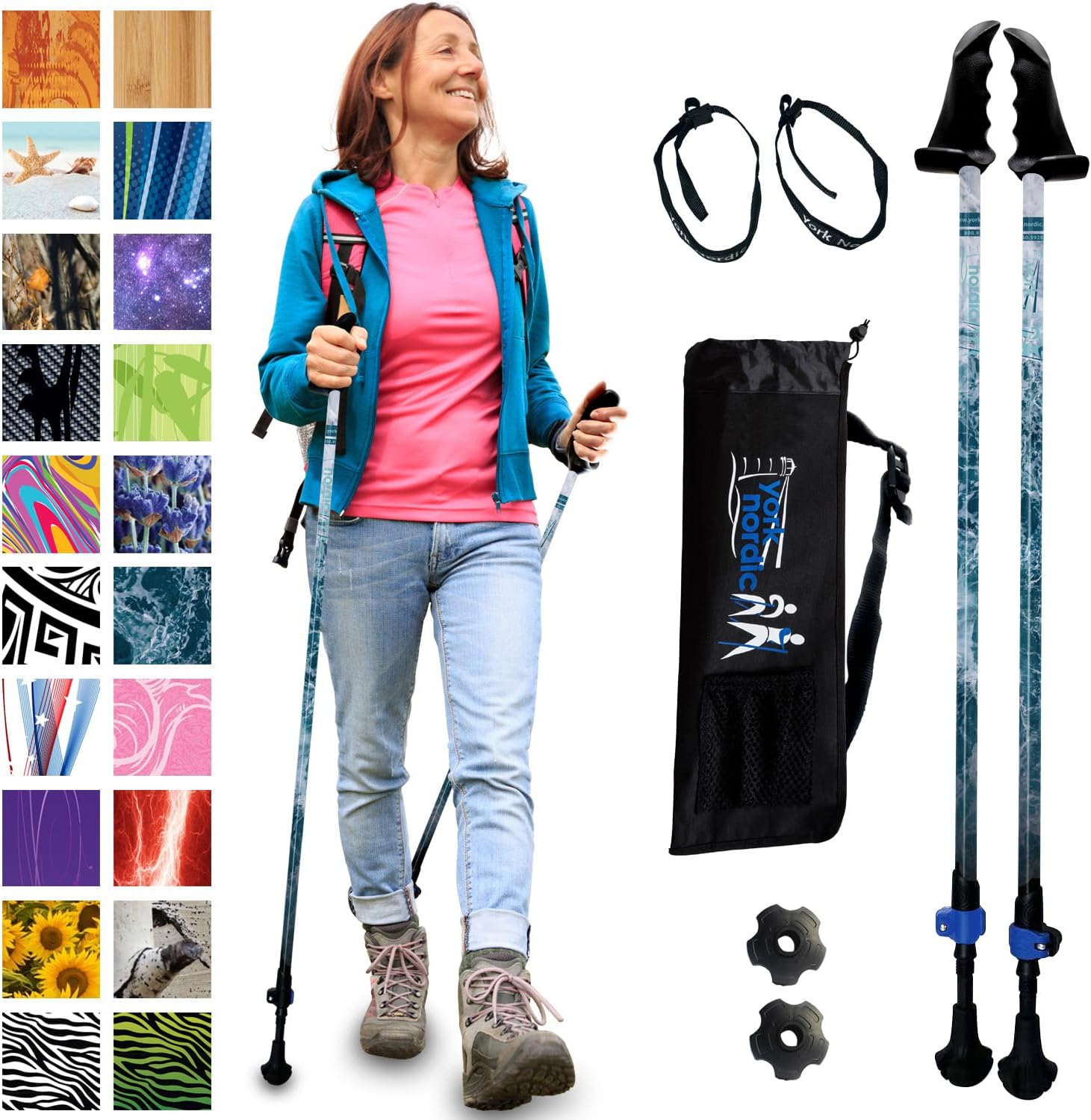York Nordic Motivator Walking Poles for Balance and Rehab - Patented Stability Grips - Lightweight, Adjustable, and Collapsible - 2 Pieces Adjustable w/flip Locks - Heights 4'6" up to 6'2" - 230 lbs - Image 2