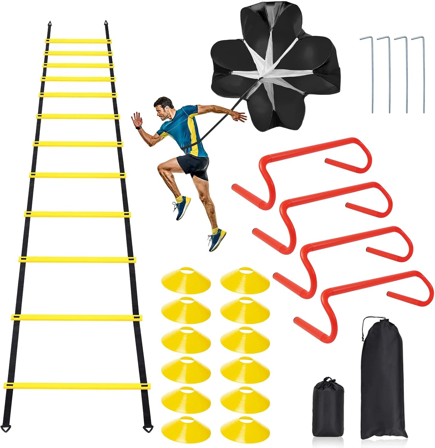 Speed & Agility Ladder Training Equipment Set, Includes 12 Rung 20ft Agility Ladder, 4 Agility Hurdles,12 Disc Cones, 1 Resistance Parachute for Training Football Soccer Basketball Athletes - Image 2