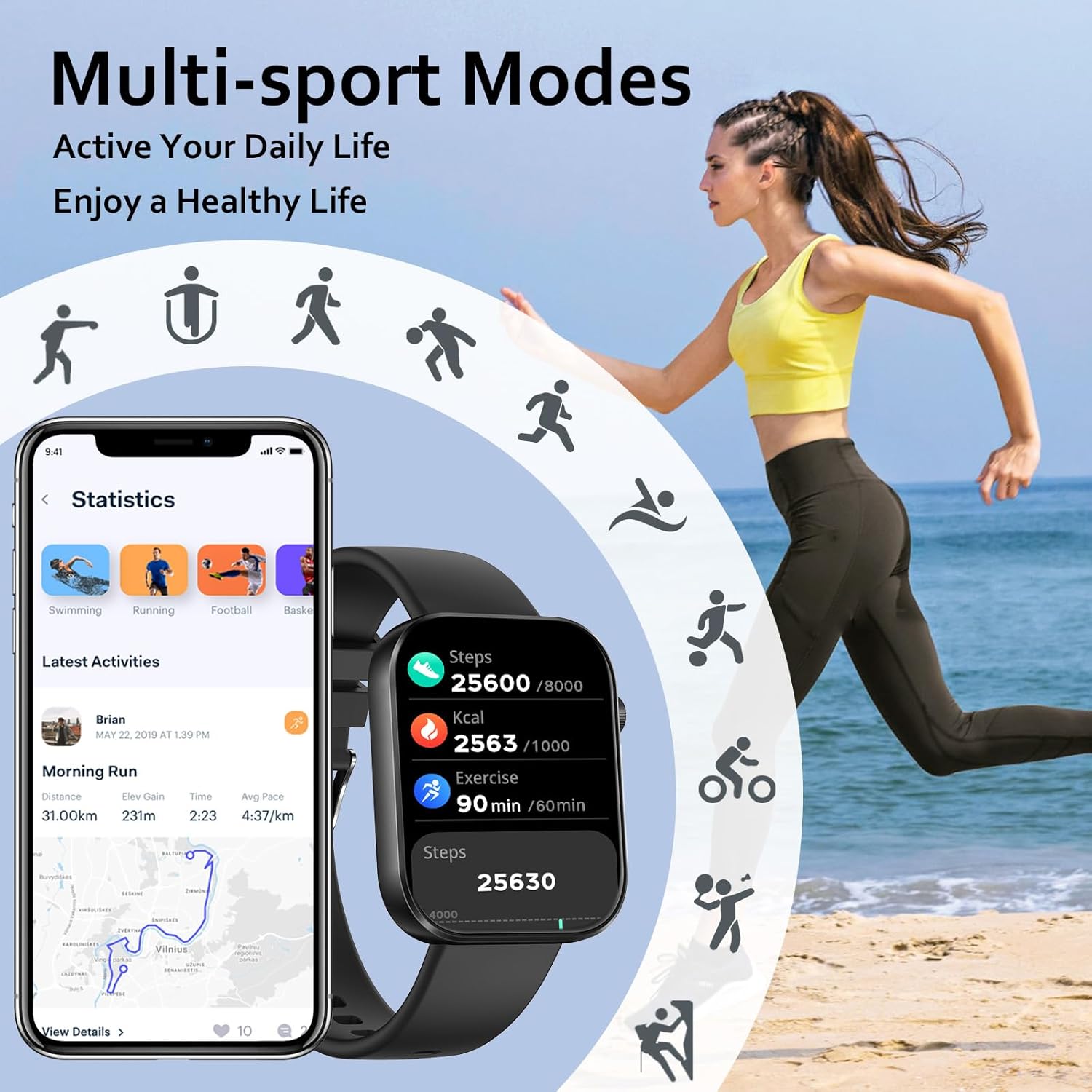 Smart Watch(Answer/Make Call), 1.96" Smart Watch for Men Women IP68 Waterproof, Smartwatch for Android iOS with 100+ Sport Modes, Fitness Tracker, Heart Rate Sleep Monitor, AI Voice - Image 5