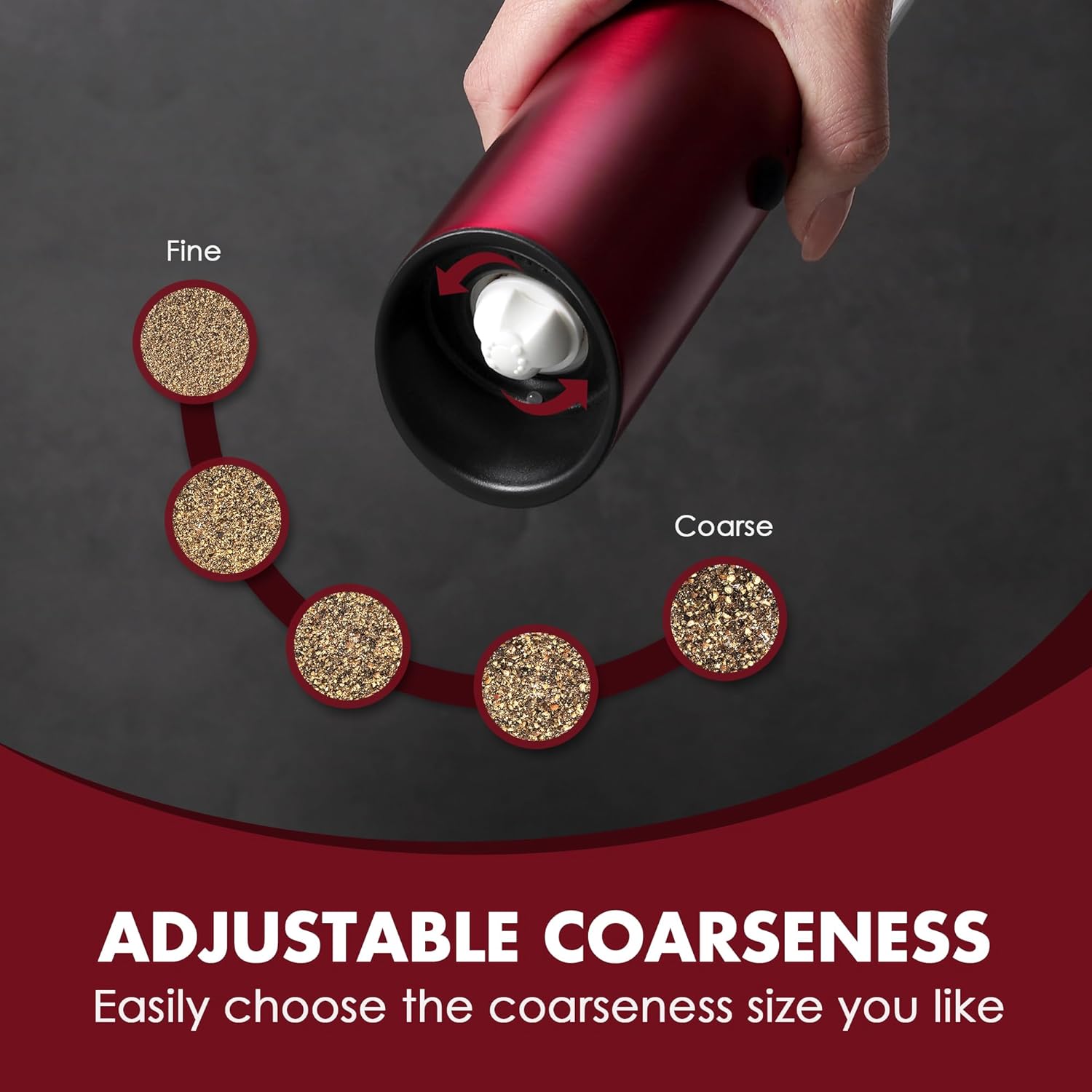 Vzaahu Gravity Electric Pepper and Salt Grinder Set of 2 - Rechargeable, Refillable, Adjustable Coarseness, Stainless Steel Seasalt Peppermill with LED light - One Hand Operation (Red) - Image 7