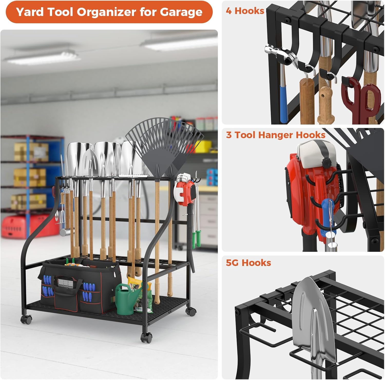 Garden Tool Organizer with Wheels, 3-Tier Yard Tool Storage with Hooks, Heavy Duty Steel Tool Rack Stand for Broom Shovel Long Handled Tools, Garden Tool Holder for Garage Shed Outdoor, Black - Image 6