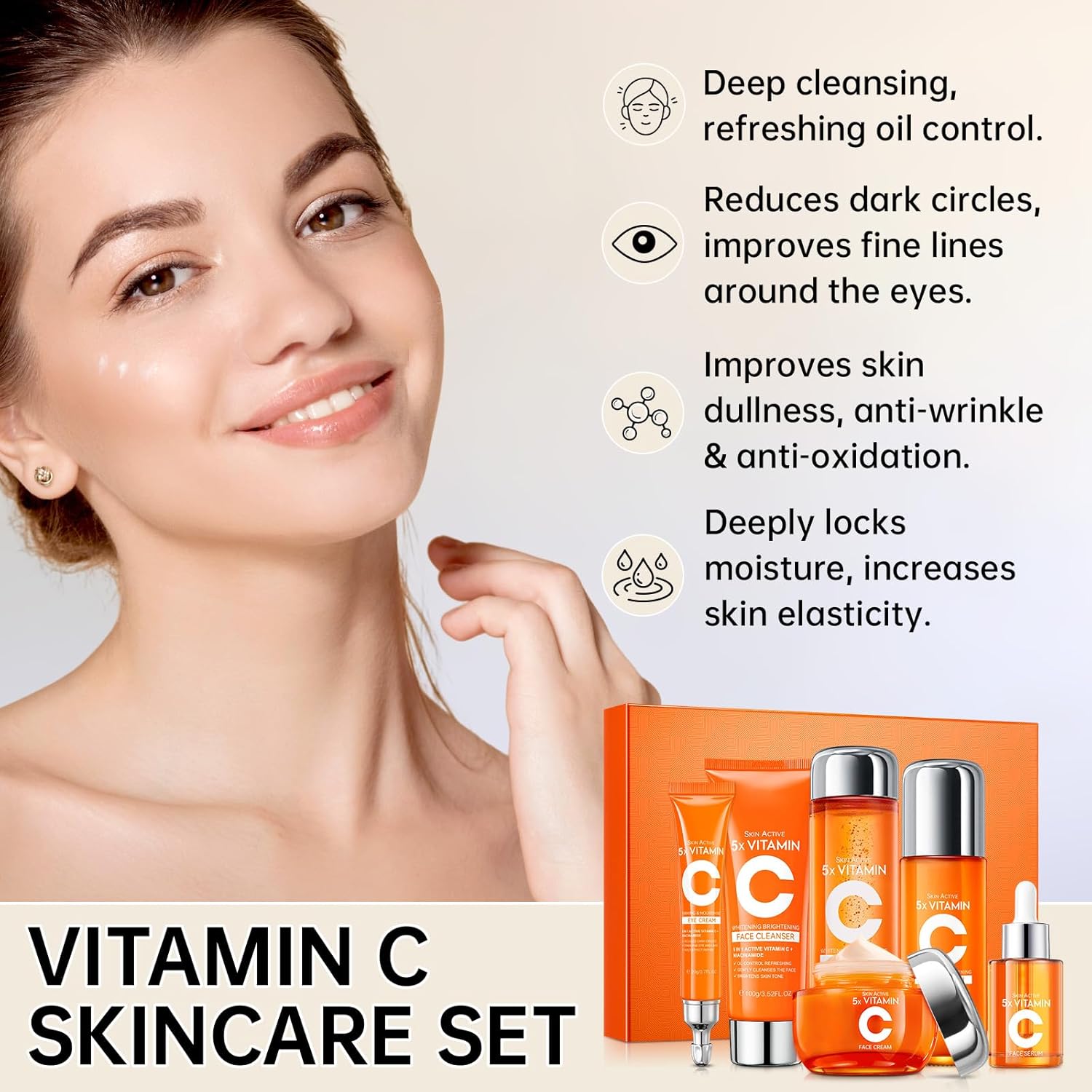 Vitamin C Skincare Set, 6-In-1 Skincare Gift Set With Facial Cleanser, Toner, Eye Cream, Serum, Lotion & Face Cream, Moisturizing Face Skin Care Kit for Anti-Aging, Anti-Wrinkle - Image 4