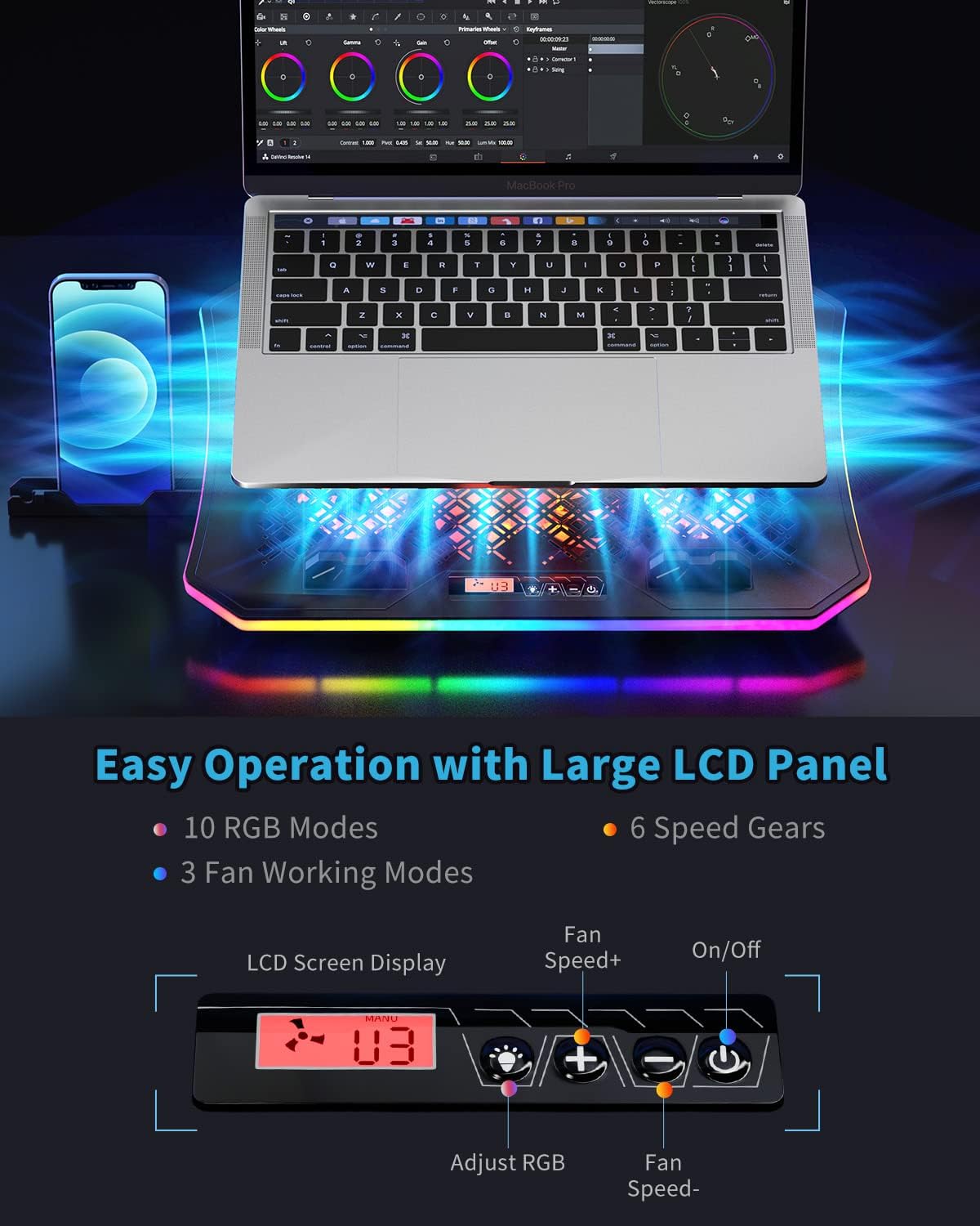 KeiBn 8 Fans Blue & 6 Fans Red Laptop Cooling Pad, Laptop Cooler for 15.6-17.3 Inch Laptops with 7 Height Stands, 2 USB Ports,10 RGB Modes - Image 6