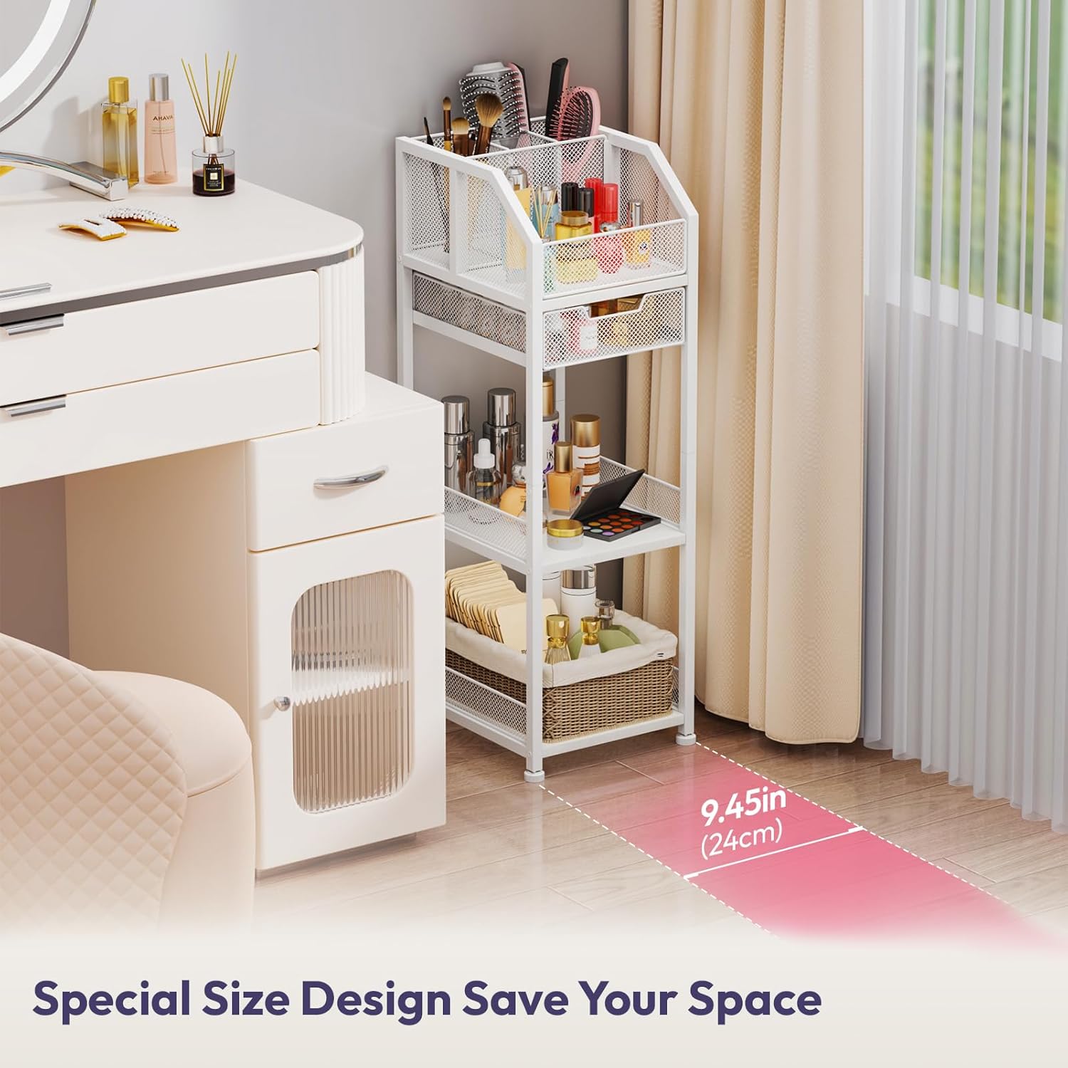 SWTYMIKI 4-Tier Hair Tool Organizer - Bathroom Storage Shelf with Drawer & 3 Grids, Versatile Hair Dryer Holder for Cosmetic Hair Accessories Curling Iron Blow Dryer Straightener, White - Image 6