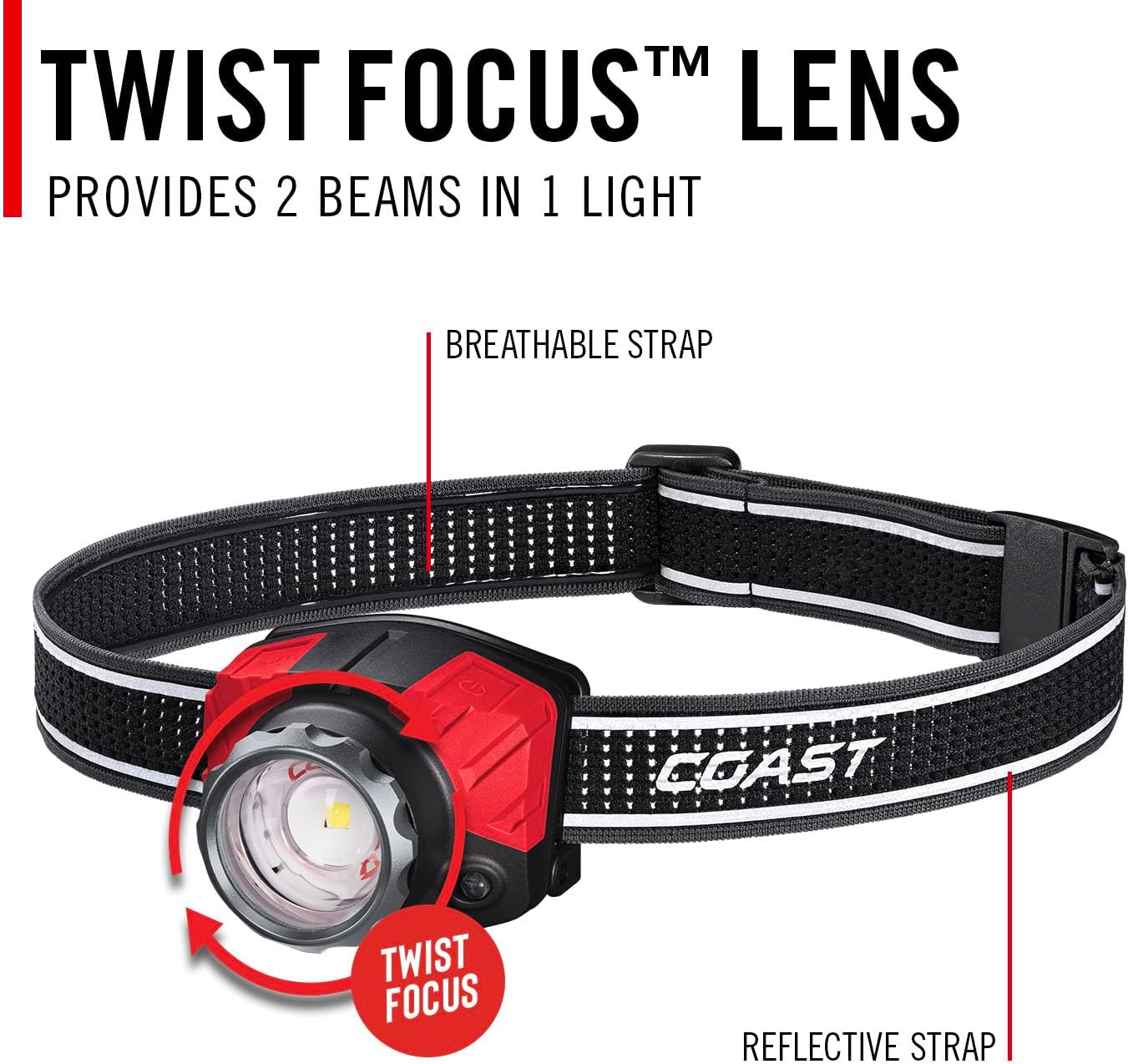 Coast® FL85R 1000 Lumen Tri-Color (White/Red/Green) Focusing Rechargeable LED Headlamp, Built-in Rechargeable Battery - Image 5