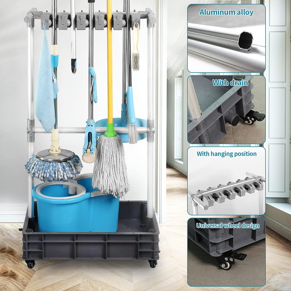 Broom And Mop Holder Put Wet Mops Movable Floor-Mounted Mop Rack Floor Standing Cleaning Tool Cart Storage For Garden Garage Schools, Hospitals, Factories, Hotels,Property Companies (12racks) - Image 3