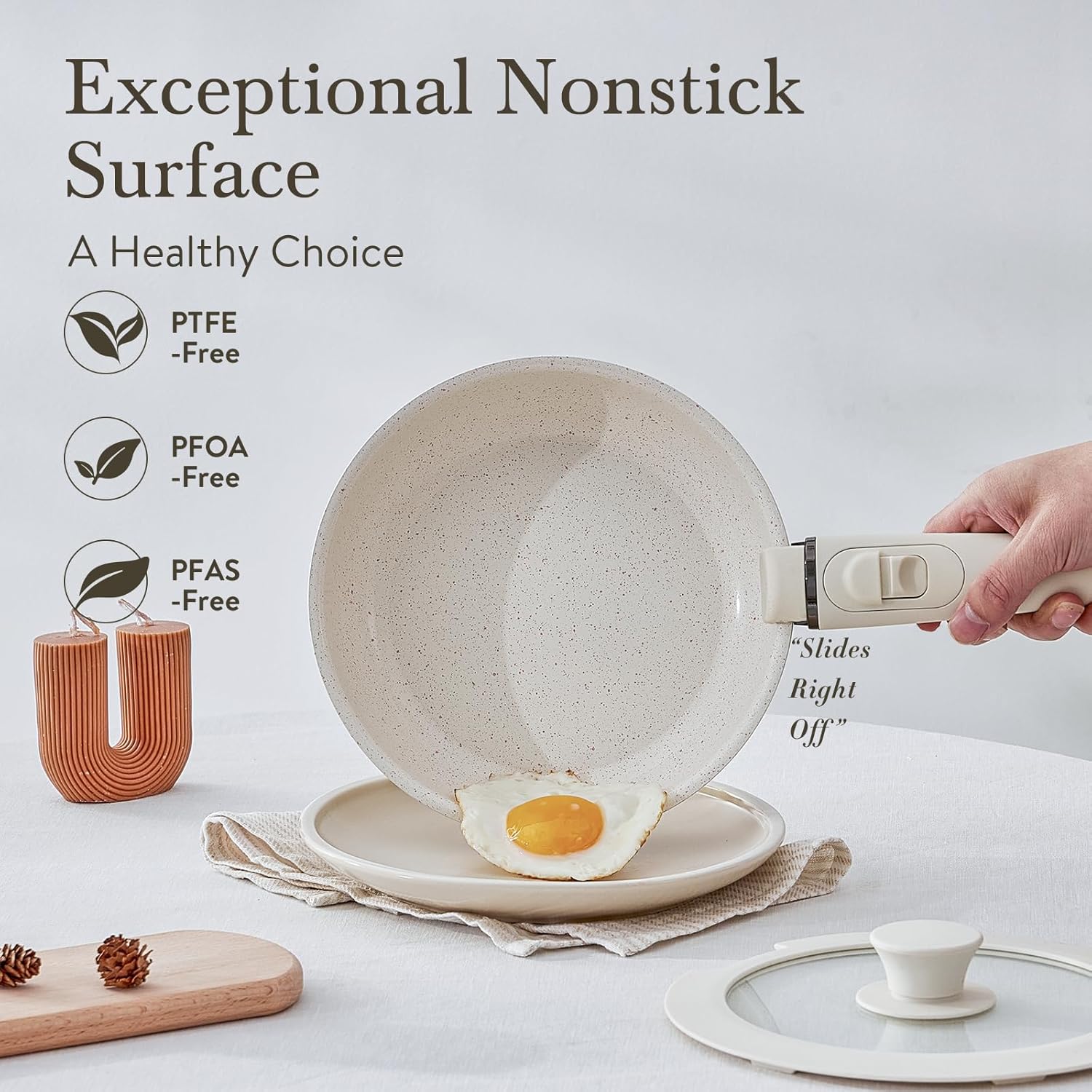 21 Pcs Pots and Pans Set Non Stick Ceramic kitchen Cookware Set Detachable Handle, Removable Handles,Oven Safe, PTEE Free, Stackable Non-stick Set,Cream White - Image 4
