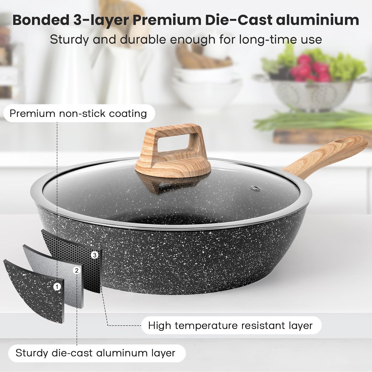 12 Pcs Pots and Pans Set, Nonstick Cookware Sets Black Granite Induction Cookware, Non-toxic Healthy Non Stick Kitchen Cooking Set with Frying Pans Set, Saucepans,Steamer (PFAS, PFOA, PFOS Free) - Image 5