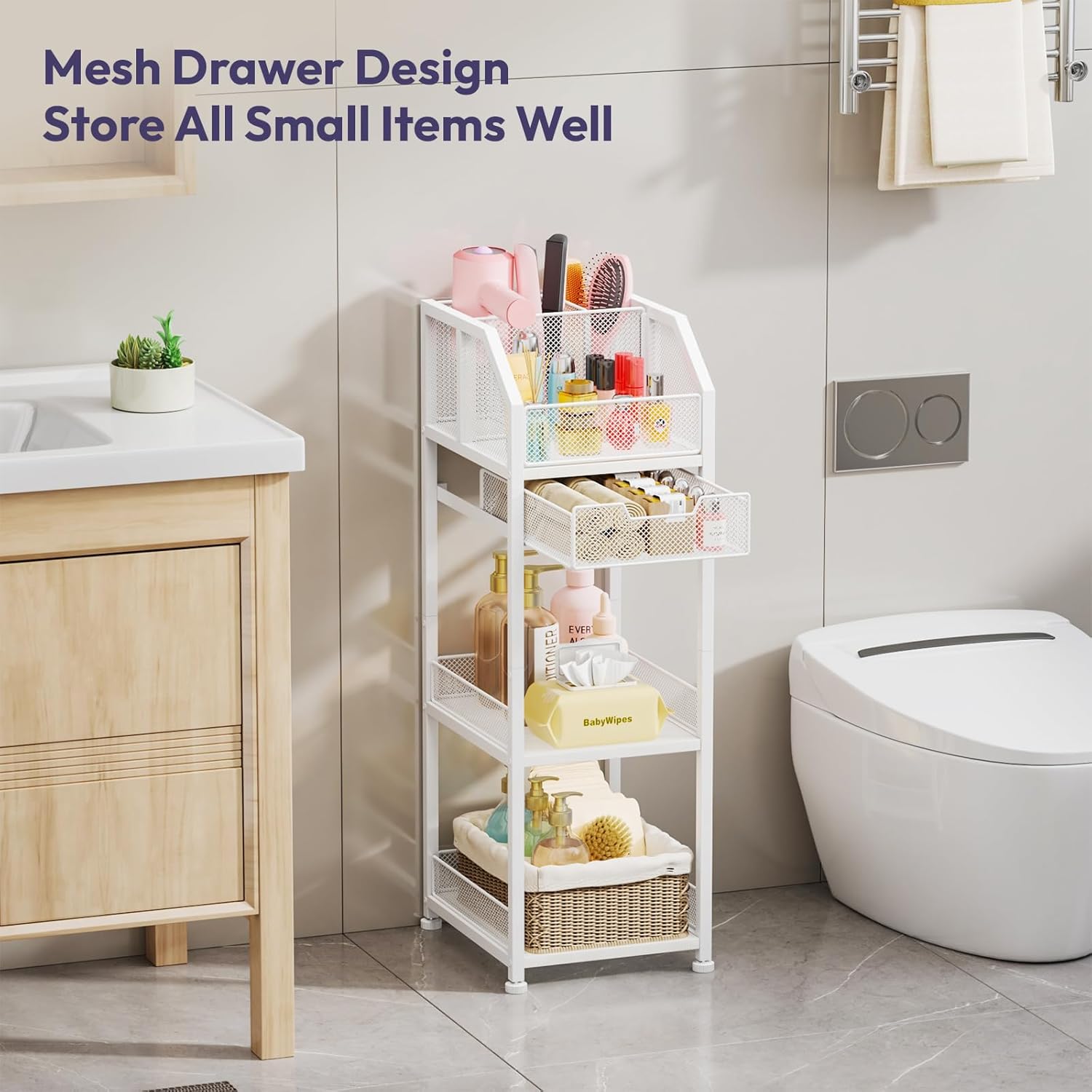 SWTYMIKI 4-Tier Hair Tool Organizer - Bathroom Storage Shelf with Drawer & 3 Grids, Versatile Hair Dryer Holder for Cosmetic Hair Accessories Curling Iron Blow Dryer Straightener, White - Image 4