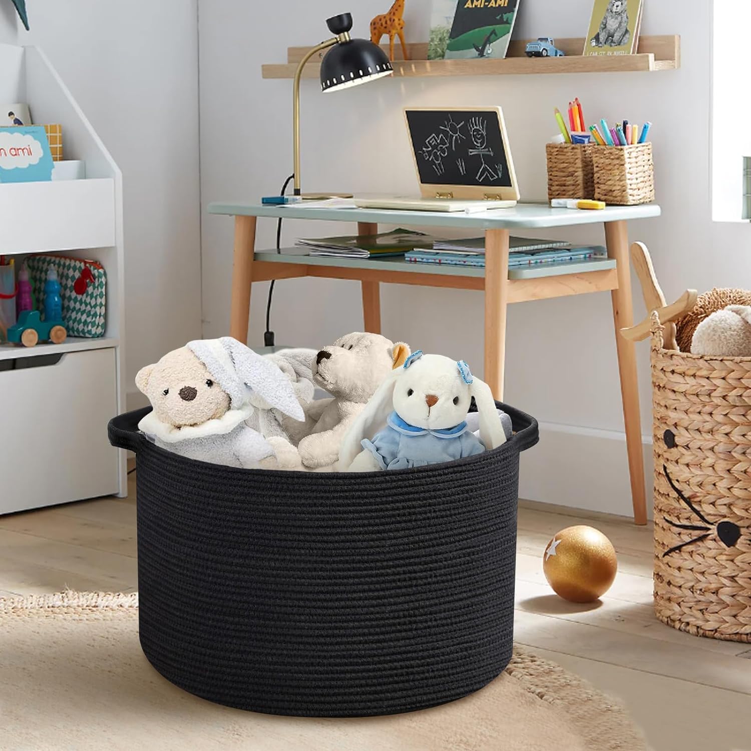 Large Black Blanket Basket, 22" X 22" X 14" Woven Rope Baskets for Storage, Kids Dog Toy Storage Box Organizer Bins, Blanket Storage for Living Room, Black Wicker Baskets for Organizing - Image 7