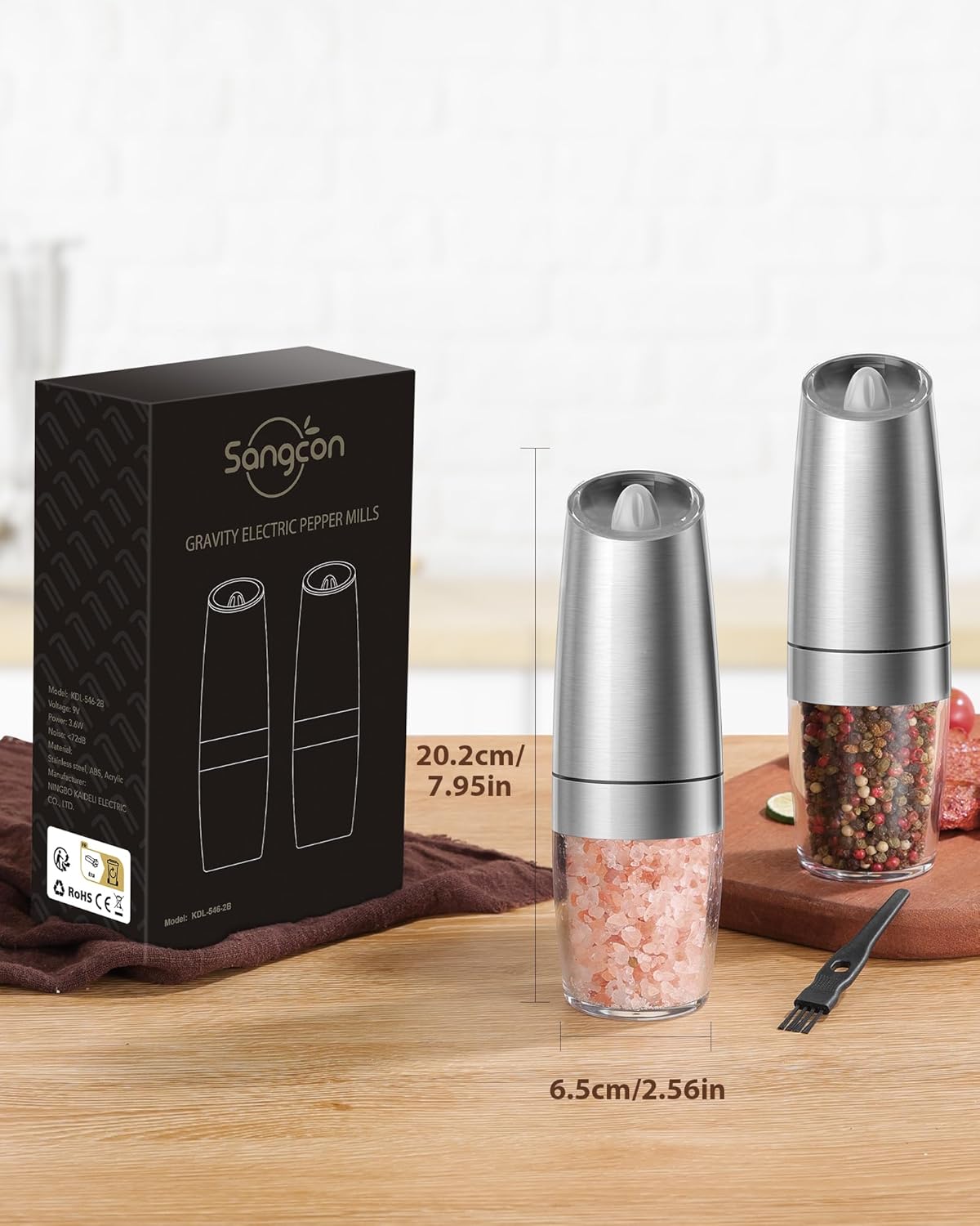 Sangcon Gravity Electric Pepper and Salt Grinder Mill Set Automatic Shakers Grinder with LED Light, Battery Powered Adjustable Coarseness One Hand Operation, Upgraded Larger Capacity - Image 10