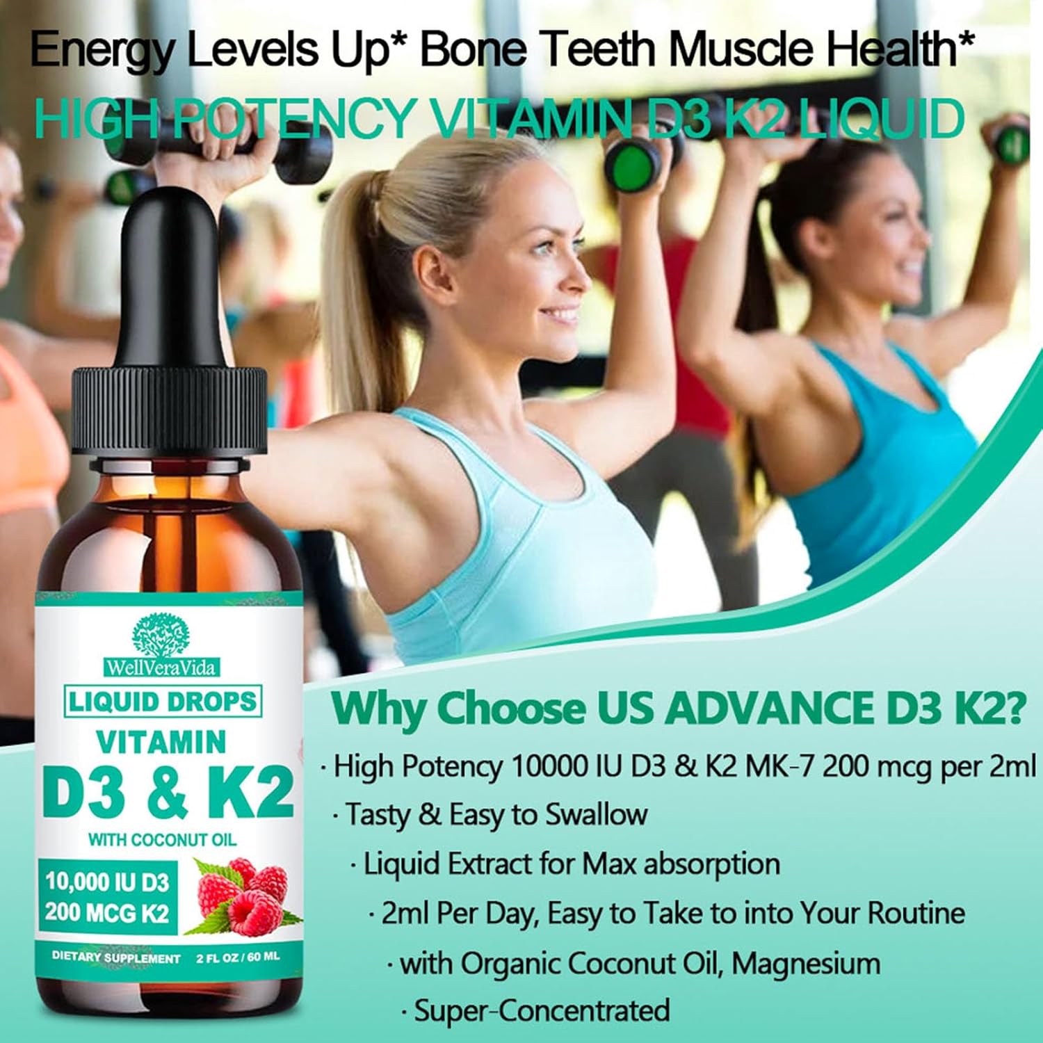 D3 K2 Vitamin 10000iu, Liquid Drop Vitamin D3 With K2 (MK-7)200mcg Coconut Oil, 6X Stronger Than D3 K2 Sofegels, Magnesium Zinc for Absorption -K2 D3 Vitamin Supplement for Joint Teeth & Bone Health - Image 5