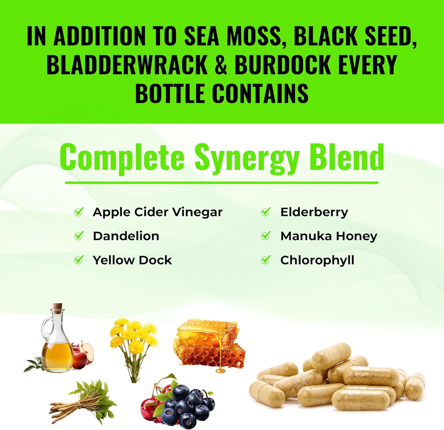 Sea Moss Supplement Blend with Black Seed Oil Ashwagandha Turmeric Bladderwrack, Burdock & Vitamin C & D3 with Elderberry Manuka Dandelion Yellow Dock Iodine - Image 4