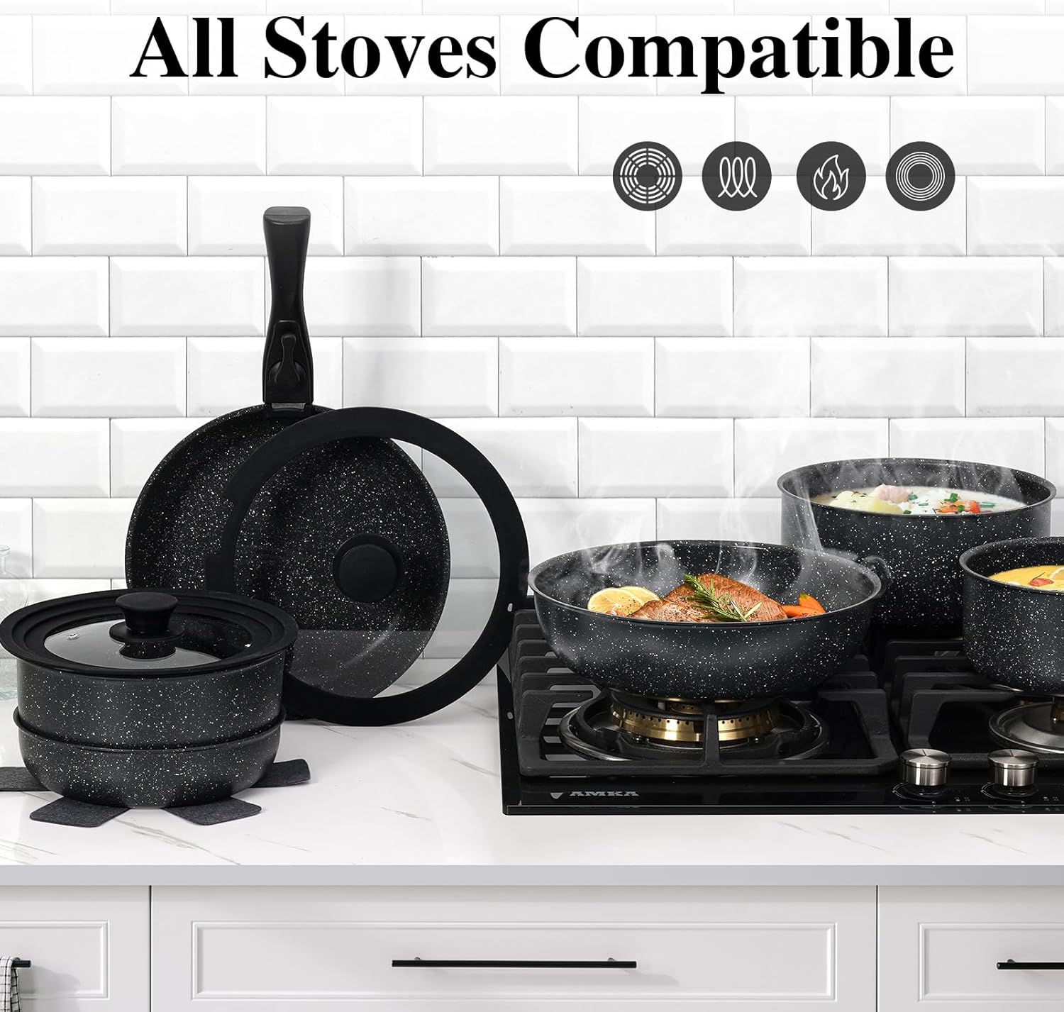 17 Pcs Pots and Pans Set Non Stick, Cookware Sets with Detachable Handle, Nonstick RV Kitchen Cooking Tools Removable Handles, Oven Safe, Induction Fast, Stackable Induction Cookware, Black - Image 5