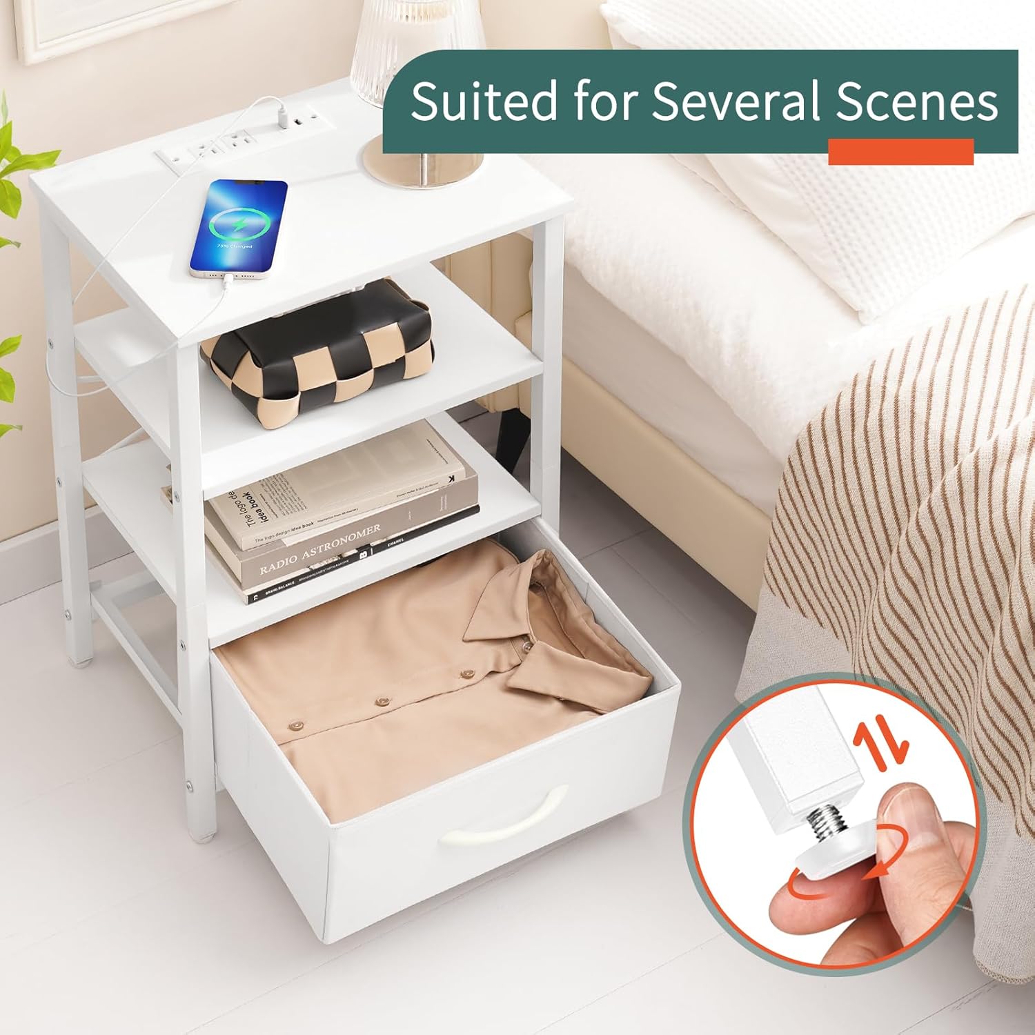 Yoobure Tree Bookshelf - 6 Shelf, White Night Stand with Charging Station - Image 7