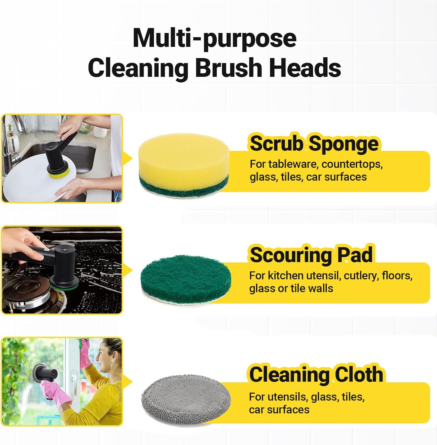 Electric Spin Scrubber, 3000 mAh Cordless Power Scrubber with 8 Replaceable Heads, Dual Speed Lightweight Handheld Scrubber for Cleaning Stove/Bowl/Sink/Corner/Tile/Grout (Black) - Image 5