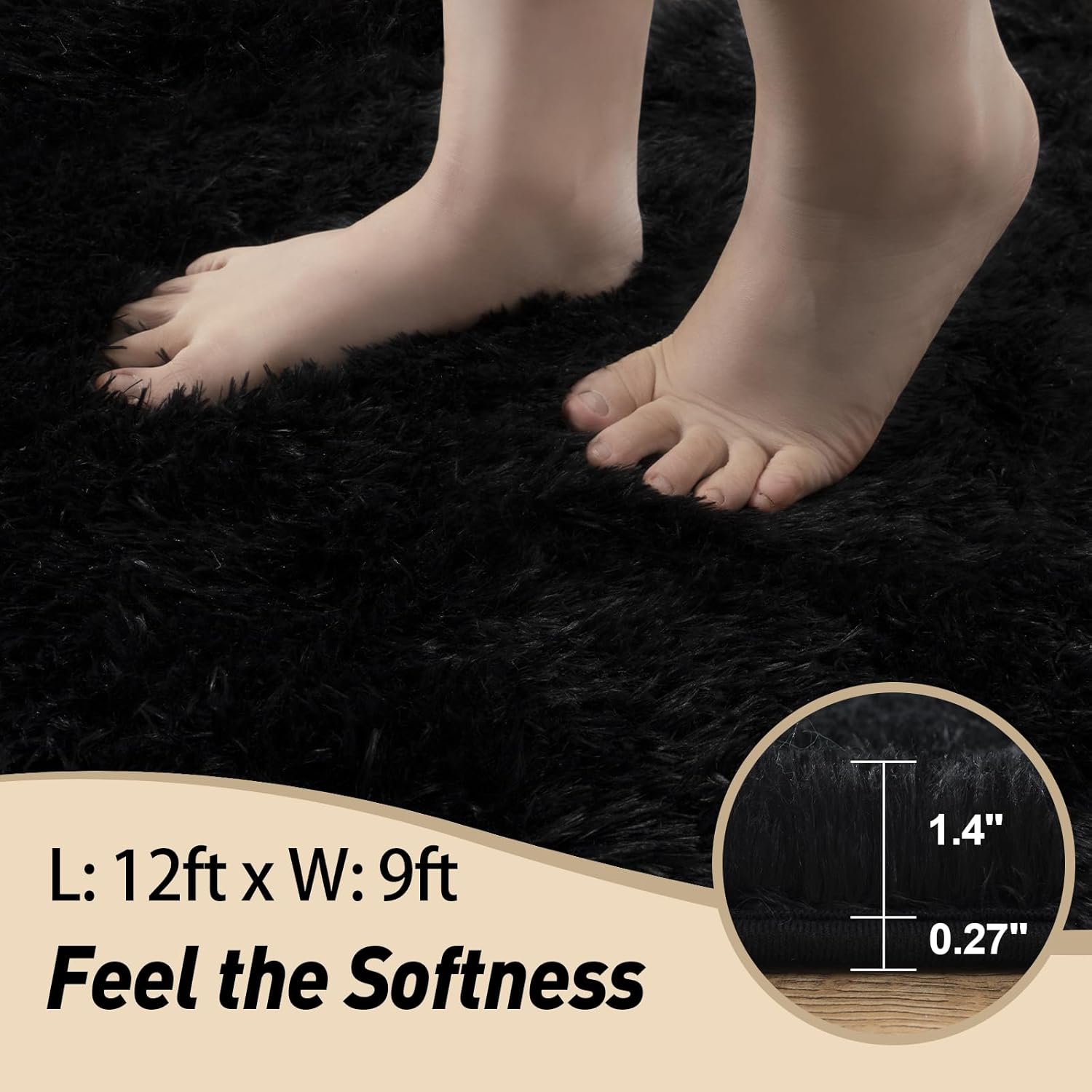 Black Area Rugs 9x12 Living Room, Large Fluffy Rugs for Bedroom, Soft Carpet Shag Kids Room Rug, Non-Slip Fuzzy Rugs Indoor (9ft x 12ft, Black) - Image 4