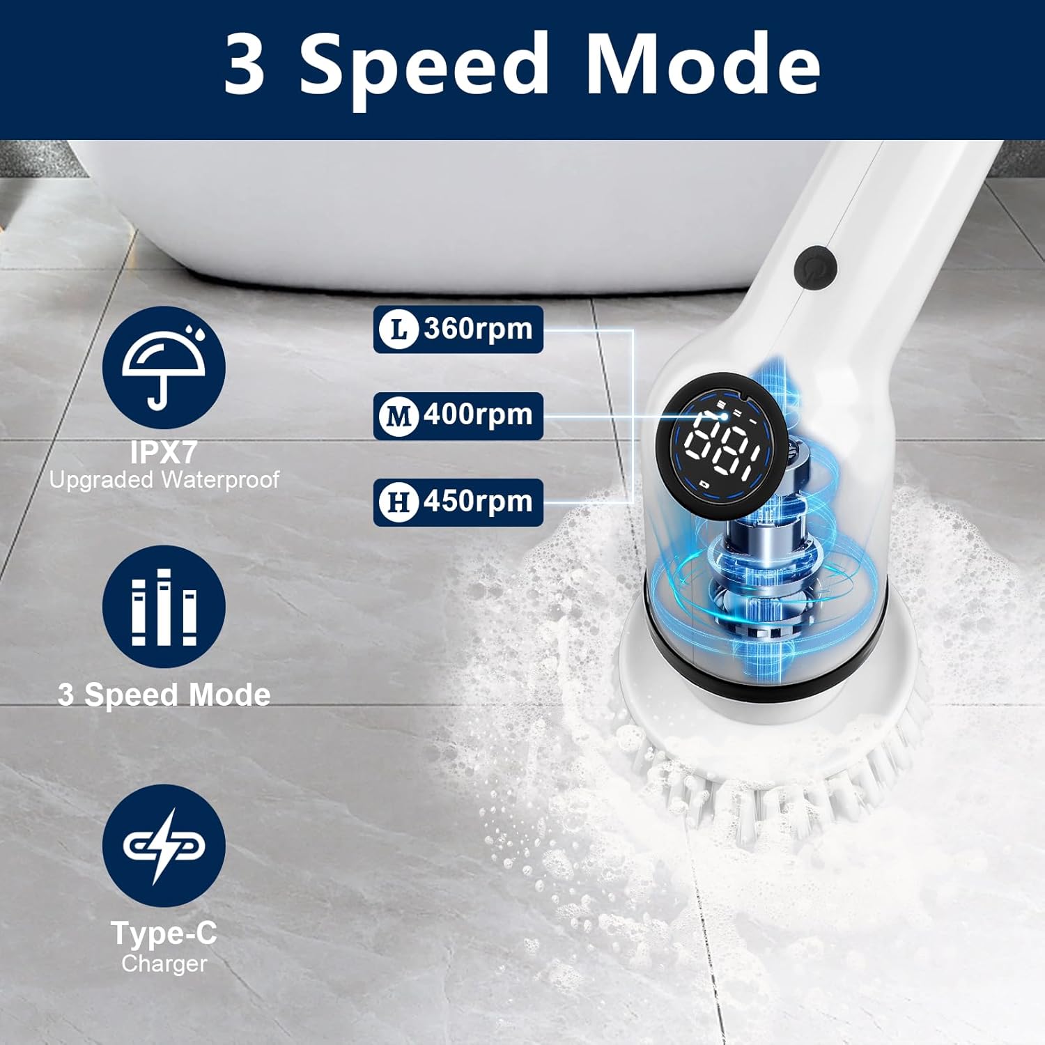 Electric Spin Scrubber, New 9 in 1 Electric Cleaning Brush Up to 450RPM Cleaning, Power Scrubber with 8 Replaceable Brush Heads Extension Arm, Shower Scrubber for Bathroom, Car, Floor - Image 3