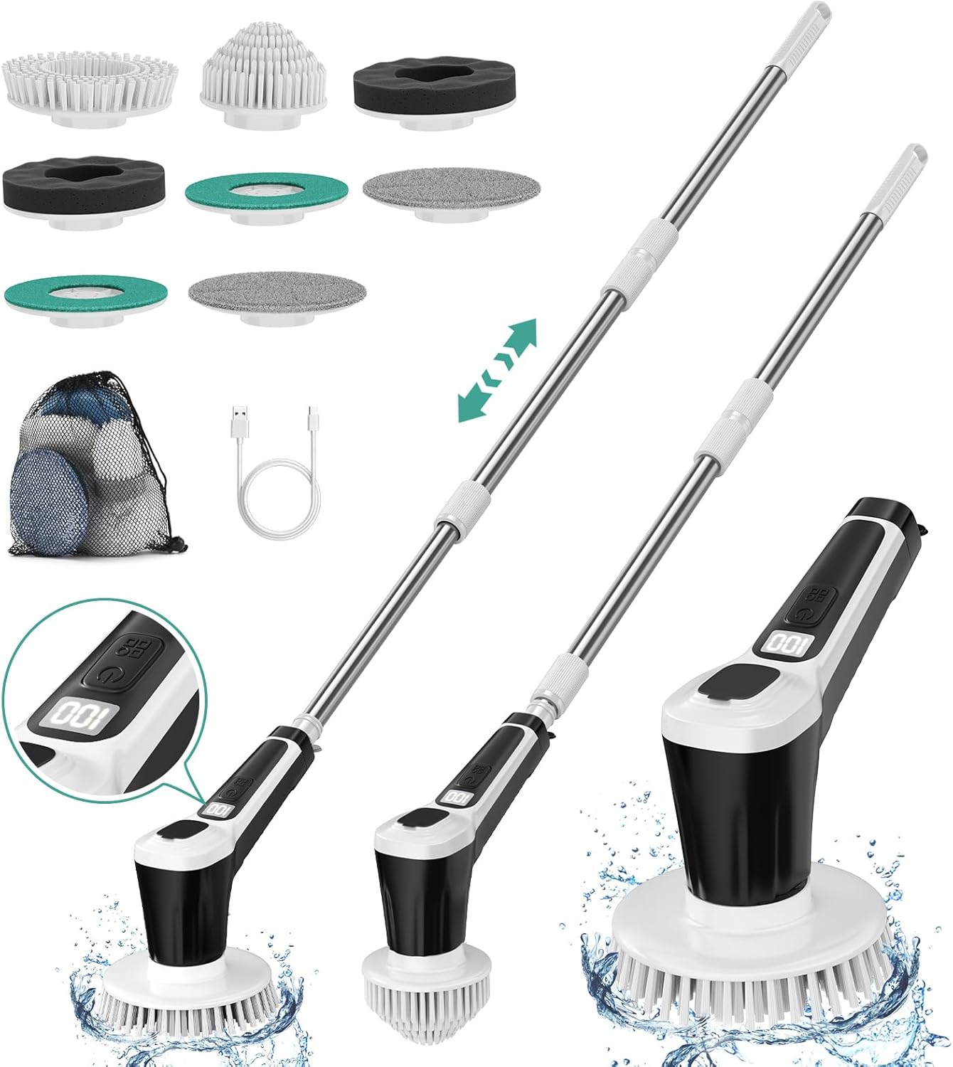 Electric Spin Scrubber, IP68 Professional Waterproof Spin Scrubber, 5400mAh Battery Power Spin Scrubber, 51 inch Cordless Household Cleaning Brush (Black) - Image 2