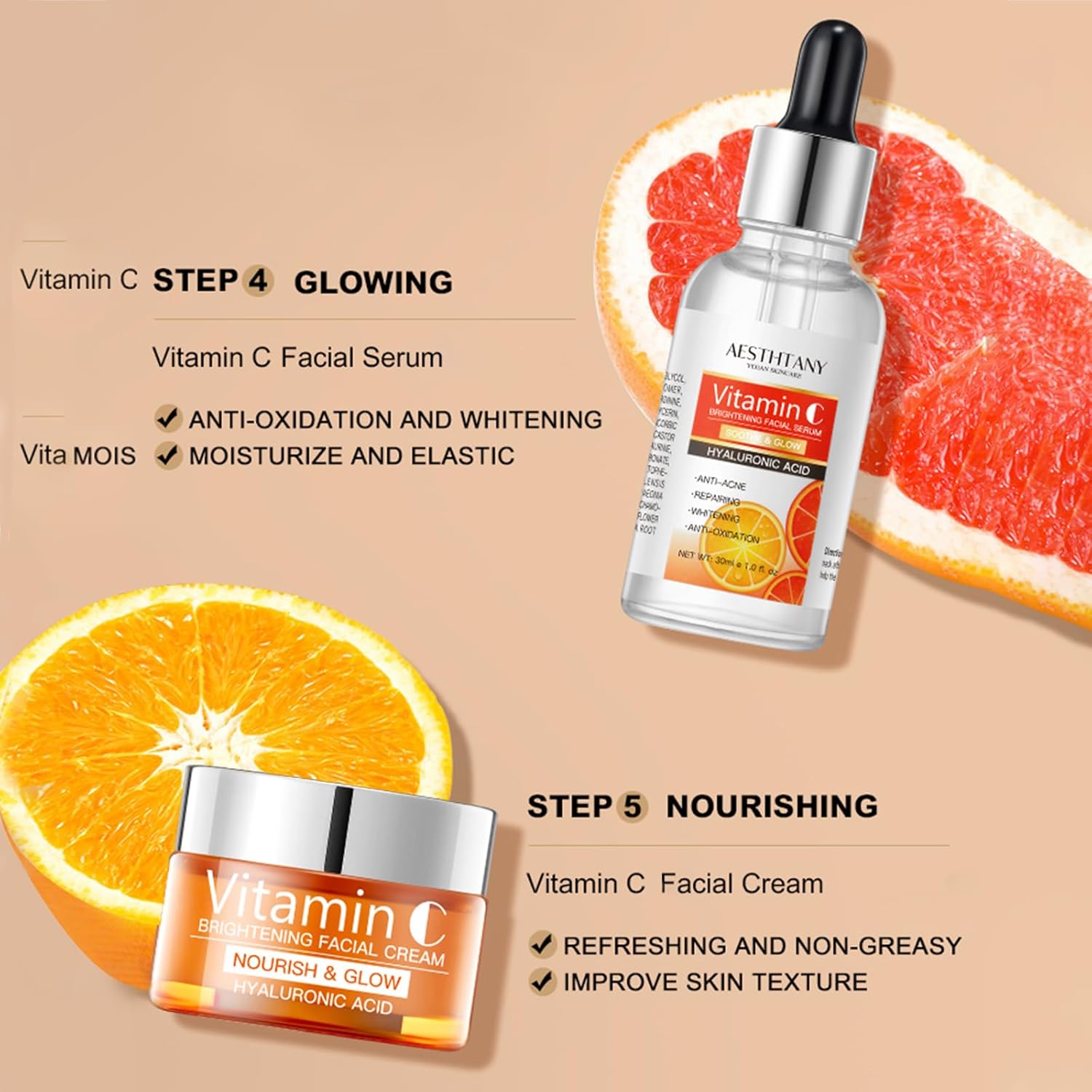 Vitamin C Skin Care Set For Women , 5-In-1 Moisturizing Hyaluronic Acid Skin Care Routine with Facial Cleanser, Serum, Face Cream, Eye Cream, Toner Valentine's Day Gift - Image 5