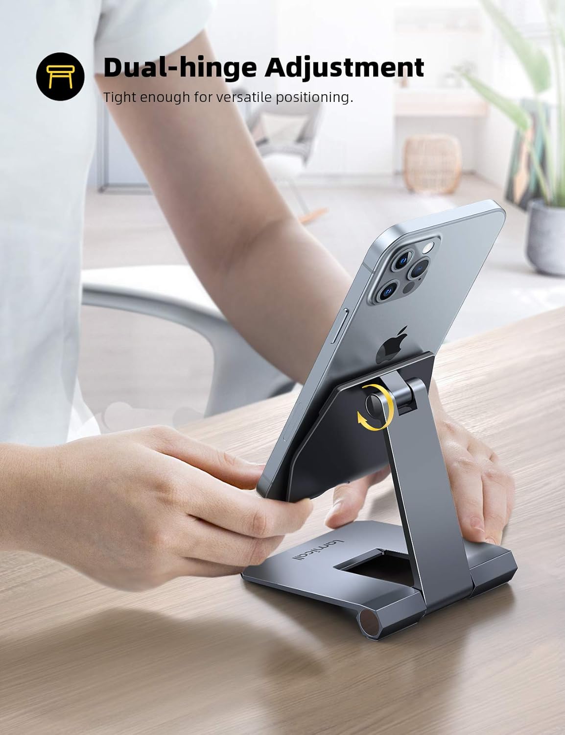 Lamicall ๐ฎ๐ฌ๐ฎ๐ ๐๐ฉ๐ ๐ซ๐๐๐๐ Adjustable Cell Phone Stand for Desk - Foldable Aluminum Desktop Phone Holder Cradle Dock, Compatible with Phone 15 14 13 12 Mini 11 Pro Xs (4-11'') - Grey - Image 3