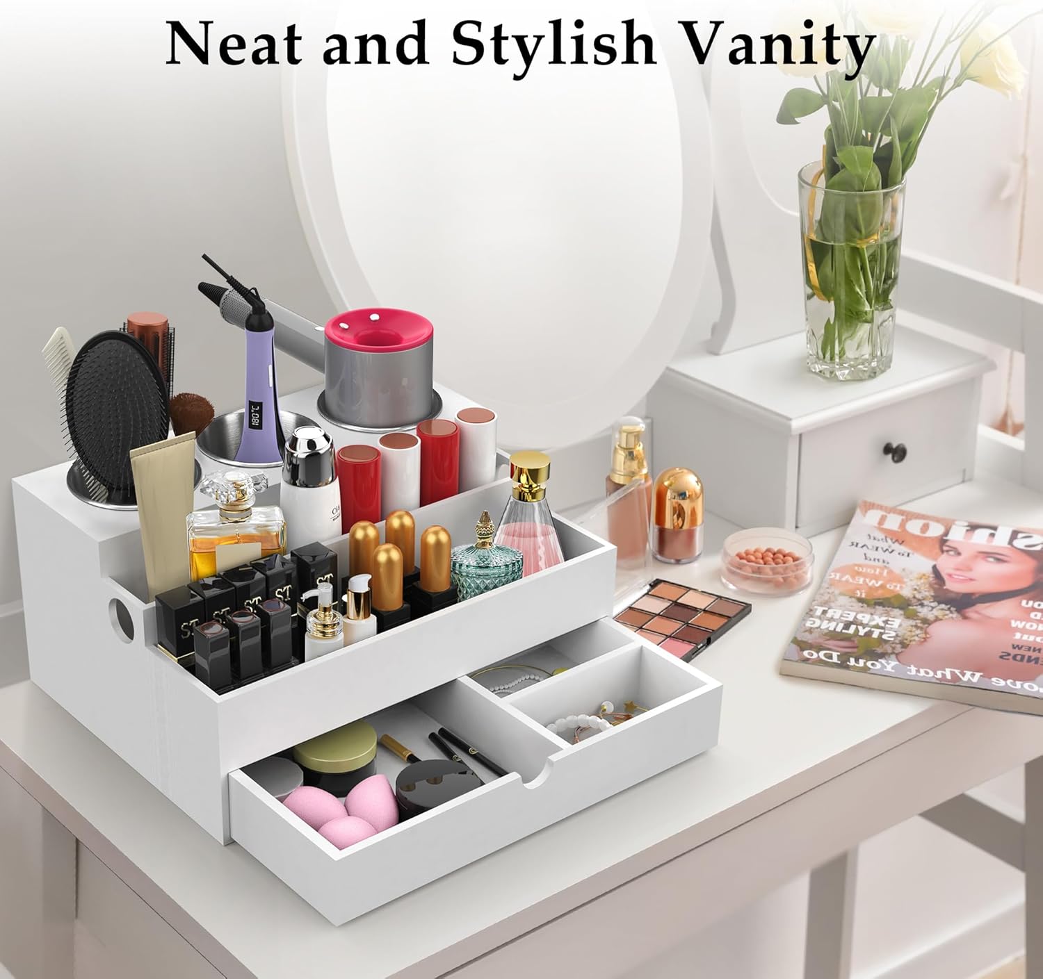 Hair Tool Organizer, Wood Hair Dryer Holder with Drawer & 3 Stainless Steel Cups, Versatile Bathroom Vanity Storage for Hair Styling Tools, Hot Tools, Brushes and Cosmetics - White - Image 4