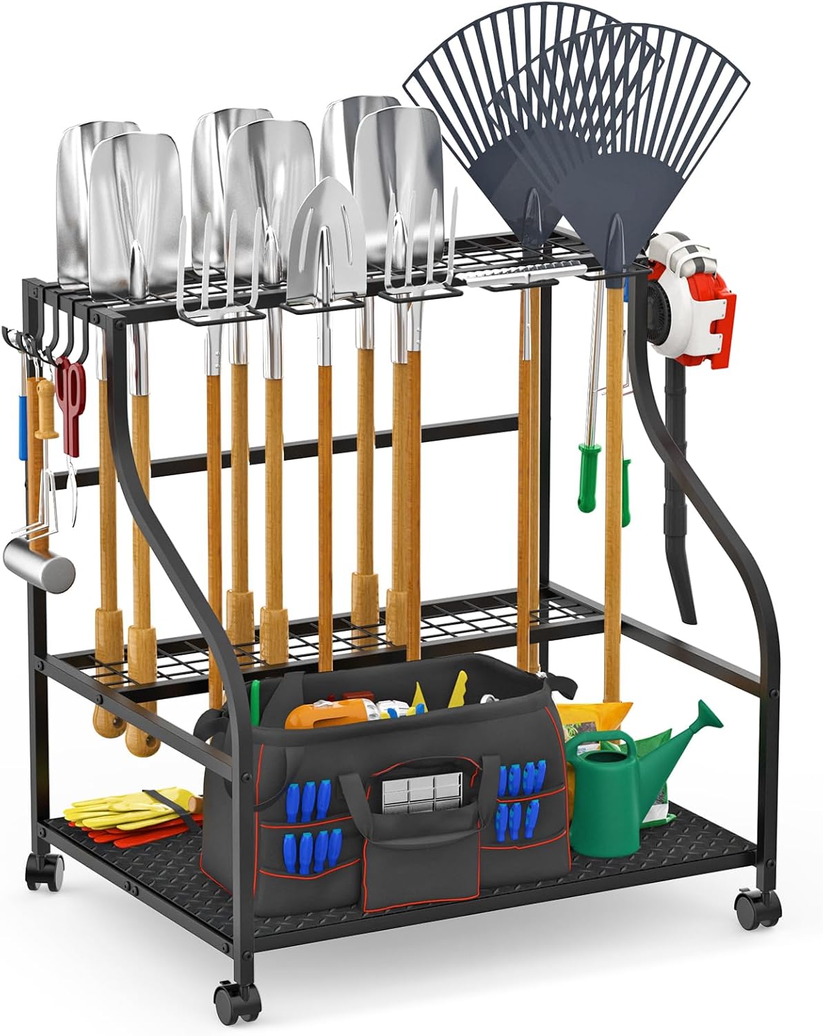 Garden Tool Organizer with Wheels, 3-Tier Yard Tool Storage with Hooks, Heavy Duty Steel Tool Rack Stand for Broom Shovel Long Handled Tools, Garden Tool Holder for Garage Shed Outdoor, Black - Image 2