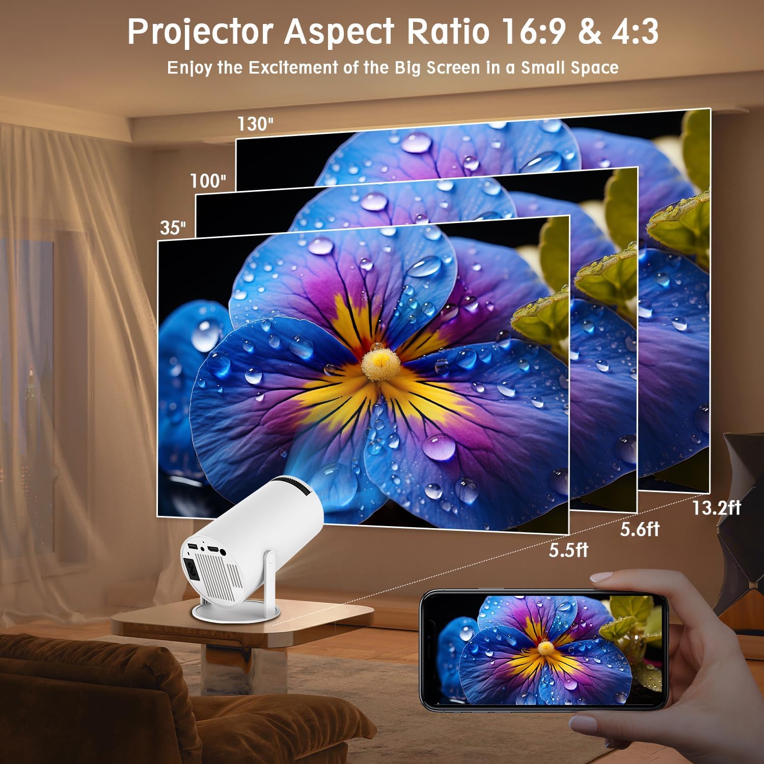 Mini projector with WiFi and Bluetooth, HY300 PRO Portable Projector with 4K 1080P Support, 180° Rotatable Auto Keystone with Android 11 Smart Projector, Compatible with HDMI/USB/ Laptop - Image 5
