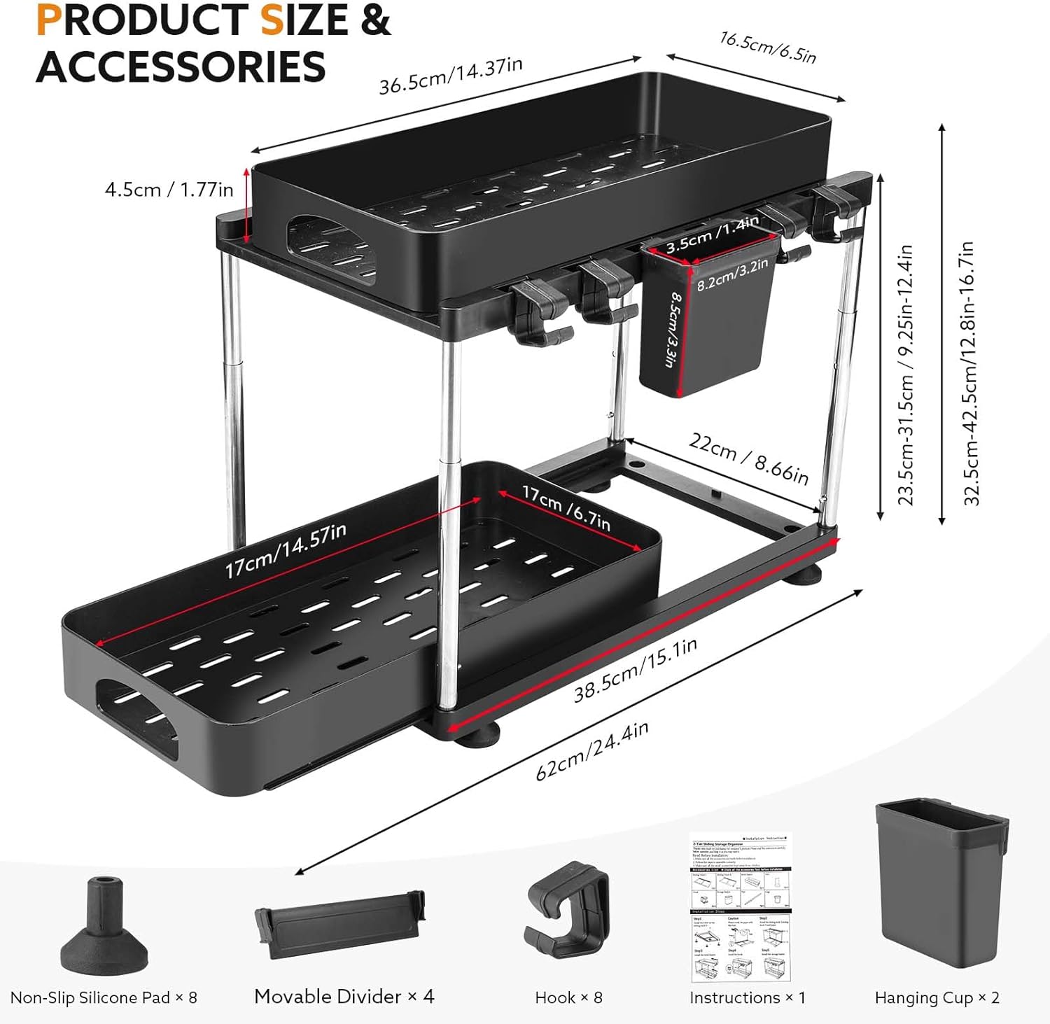 Under Sink Organizers and Storage, 2 Tier Double Sliding Bathroom Organizers and Storage with Dividers,Hooks Under Sliding Cabinet Organizer Kitchen Sink Organizer for Kitchen Bathroom - Image 3